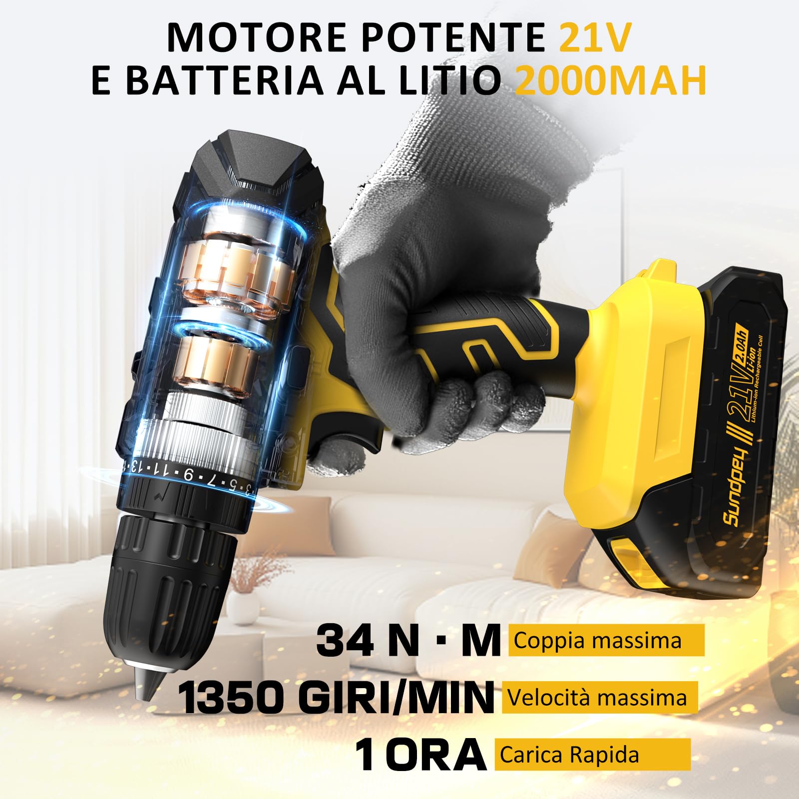 Sundpey Cassetta Attrezzi Completa 170 Pezzi con Trapano Avvitatore a Batteria 21V, Set Attrezzi da Lavoro con Utensili Manuali, Batteria 2.0Ah e Caricabatterie per Fai da te e Lavori di Bricolage