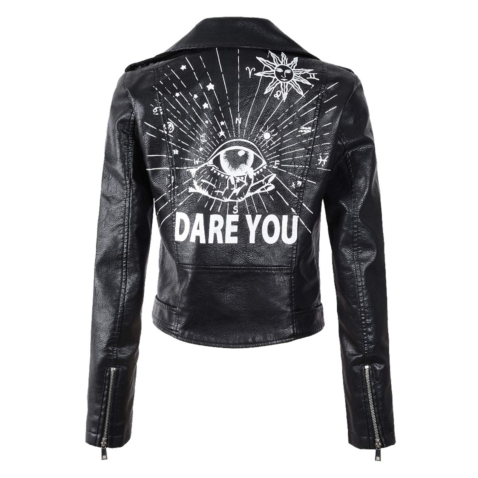 WYLLA Freizeit Schwarze Graffiti-Lederjacke Damen Spring Punk Moto Coat Cropped Faux Jacken Mit Gürtel PUC Material Größe M