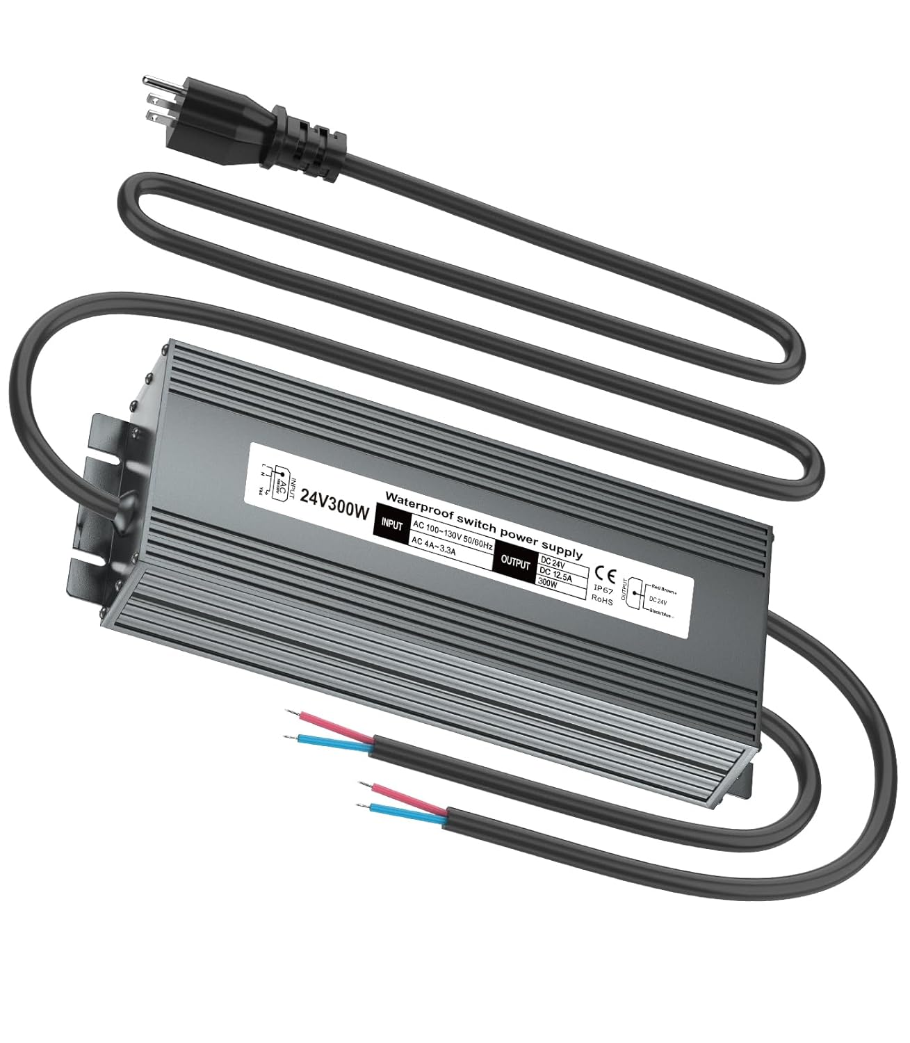 Low Voltage Transformer 24V 300W, IP67 Waterproof LED Power Supply Driver, AC 100-130V to DC 24V 12.5A Converter Power Adapter for Indoor Outdoor LED Light, Computer, Landscape Lighting Project