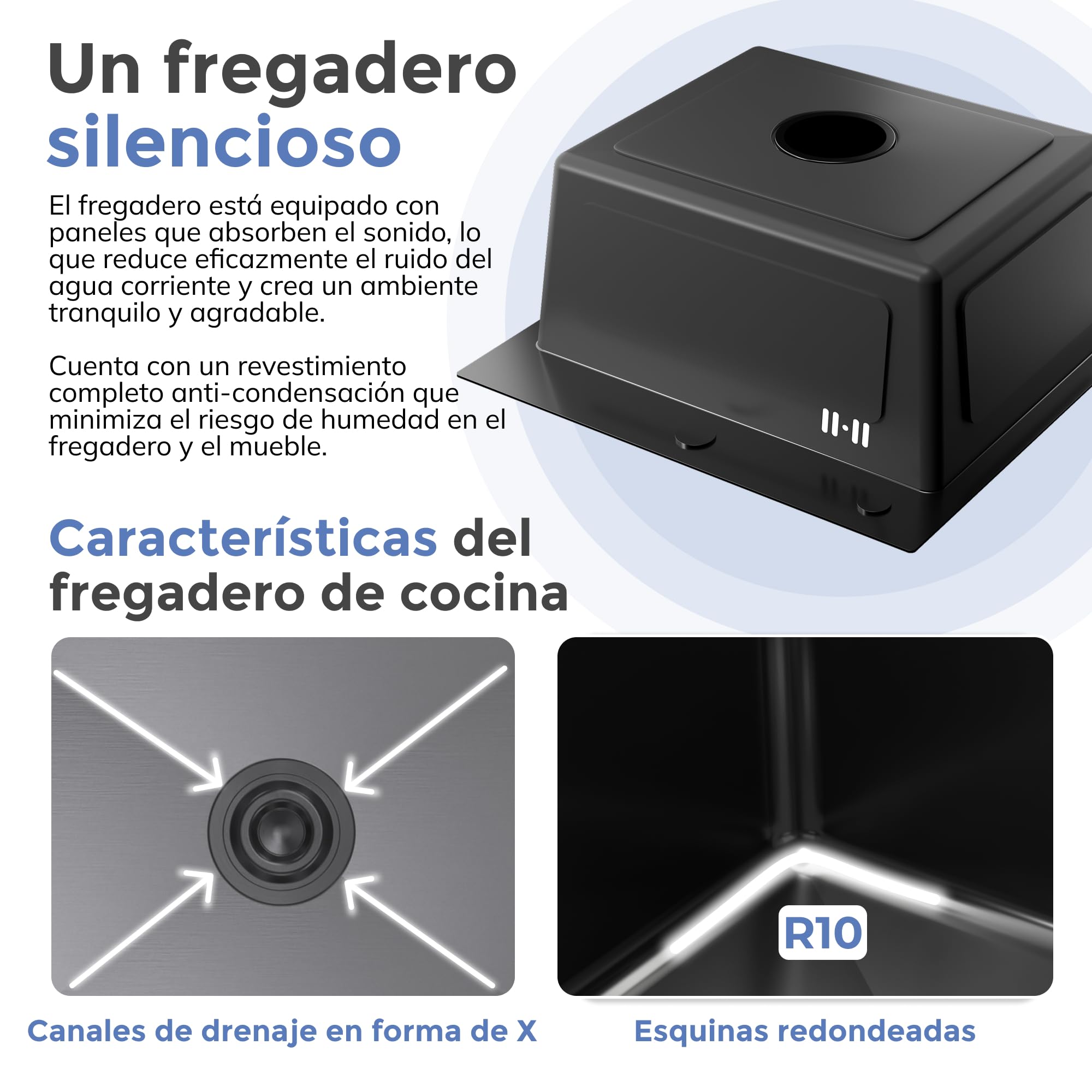 ANW HOME Fregadero Cocina 1 Seno 54x44 cm, Grafito PVD