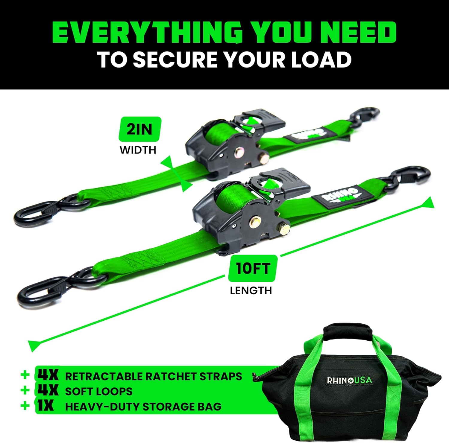 Rhino USA Retractable Ratchet Straps (4-Pack) - 2 Inch x 10 Feet (3,033lb Break Strength) - Heavy Duty Auto Self Retracting Tie Down Straps for Truck, Cargo Trailer, Motorcycle, Rad & More - Green - Image 5