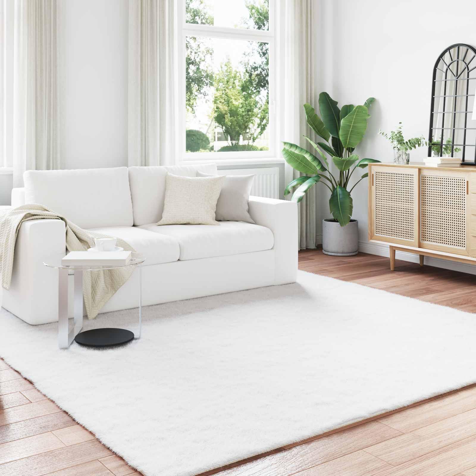 Kunstfell-Teppich OLITE 240x240 cm Weiß, Rutschfester Großer Kuschelteppich in Kunstkaninchenfell-Optik, Weicher Flauschiger Wohnzimmerteppich für Schlafzimmer und Flur