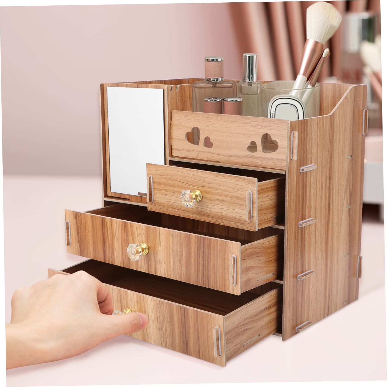 Holz Kosmetikaufbewahrungsbox mit Spiegel und Schublade für Schreibtisch