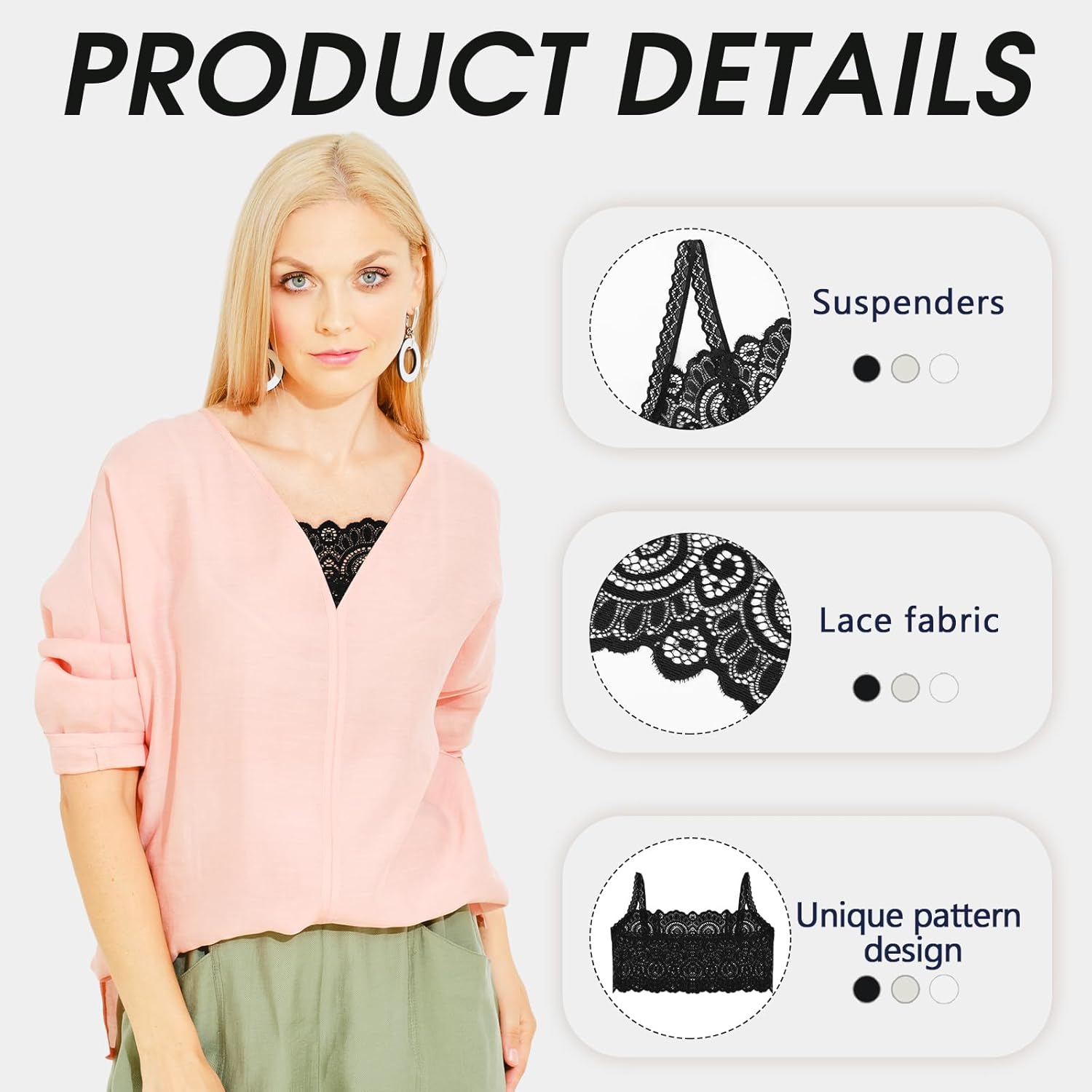 3 Pieces Women's Lace Camisole Crop Tops Y2K Slim Modesty Panel Cleavage Cover up for Low Neckline Low Cut Dress - Image 3