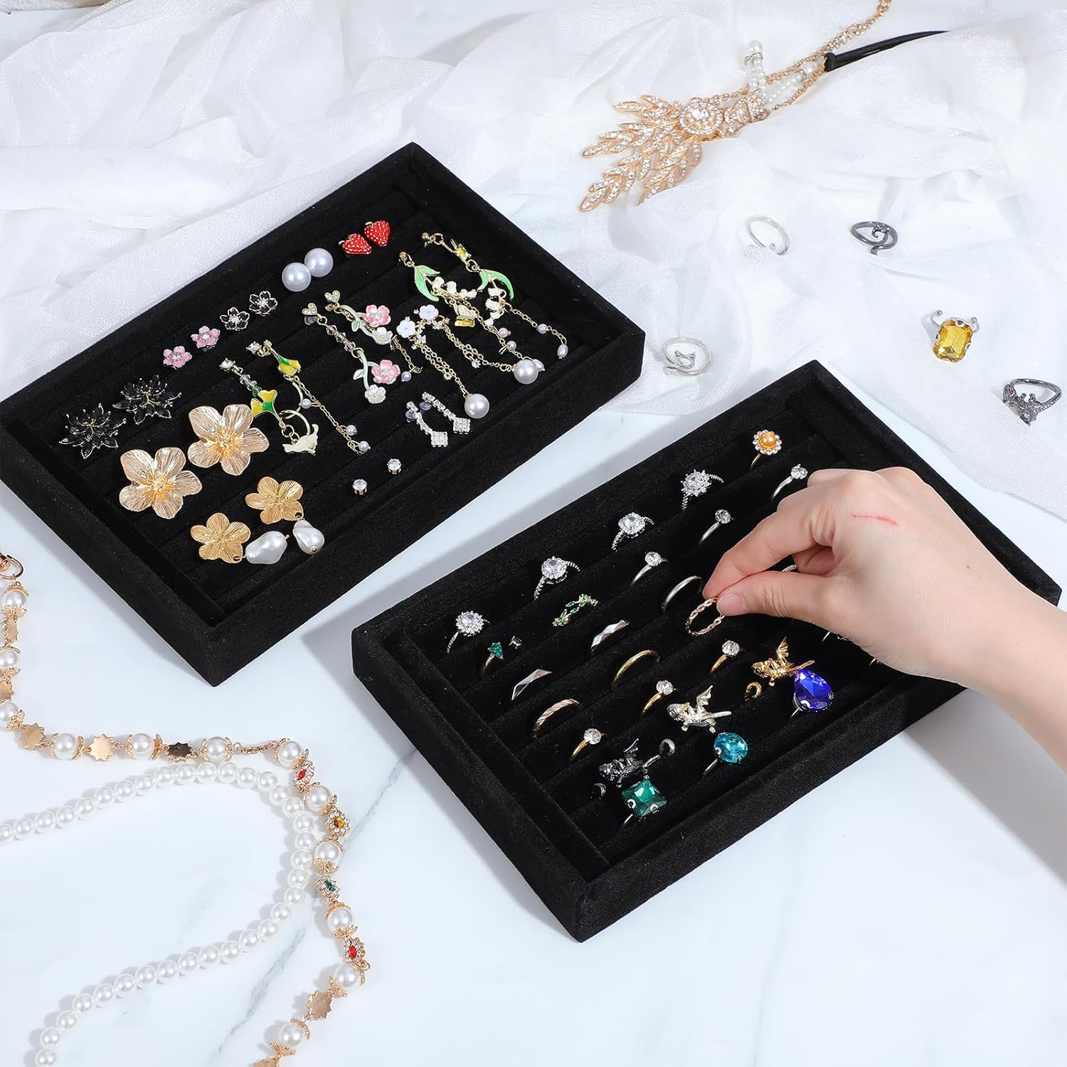 MAQUITA 6 Pcs Jewelry Ring Tray 7 Slots Ring Organizer Stackable Holder for Jewelry Display Drawer Insert for Dresser Earring, Black