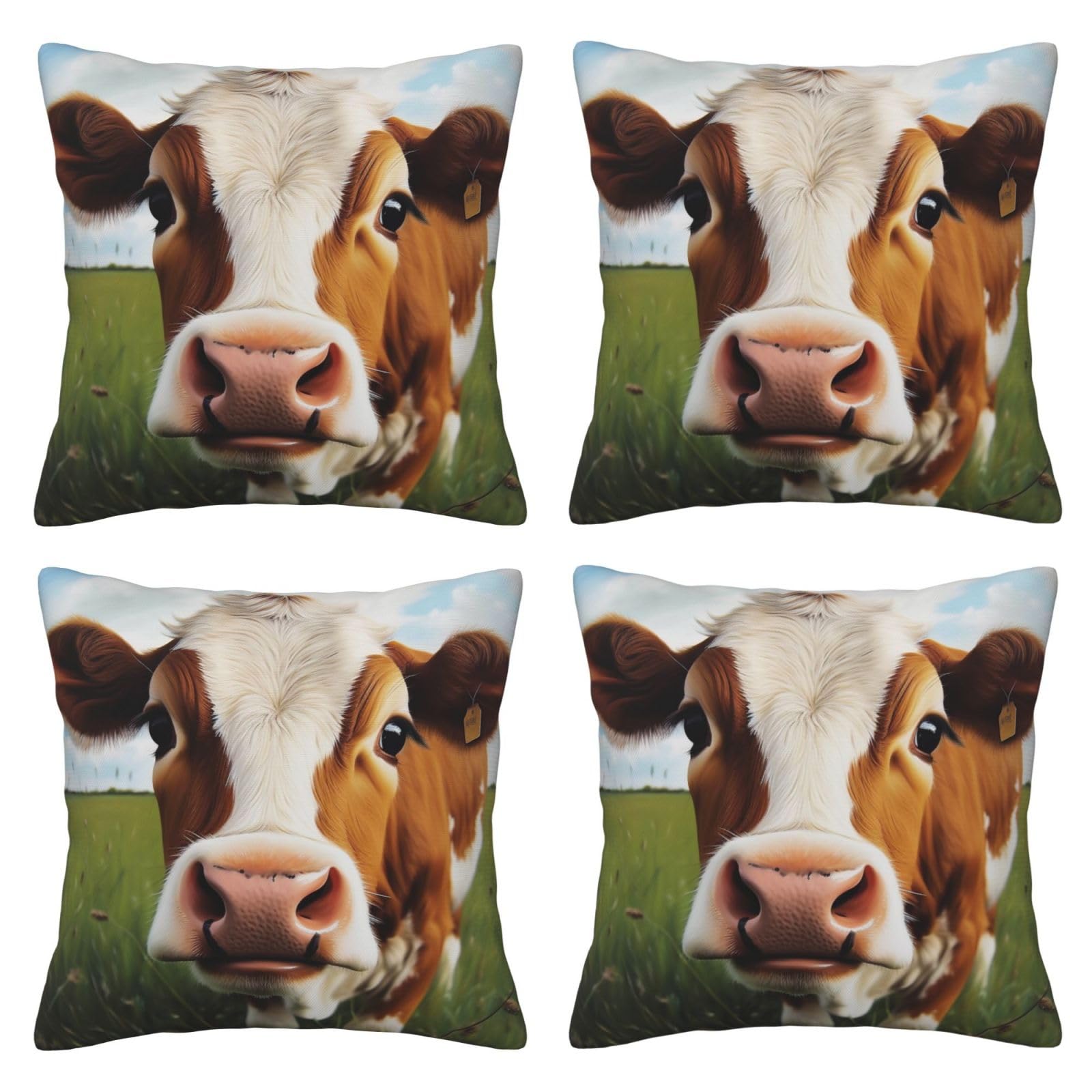 Cute Cow Throw Pillow Cases 4 Pack Square Pillowcases Super Soft Pillow Protectors With Zipper for Couch Livingroom Sofa Bed Office Car,40x40 CM