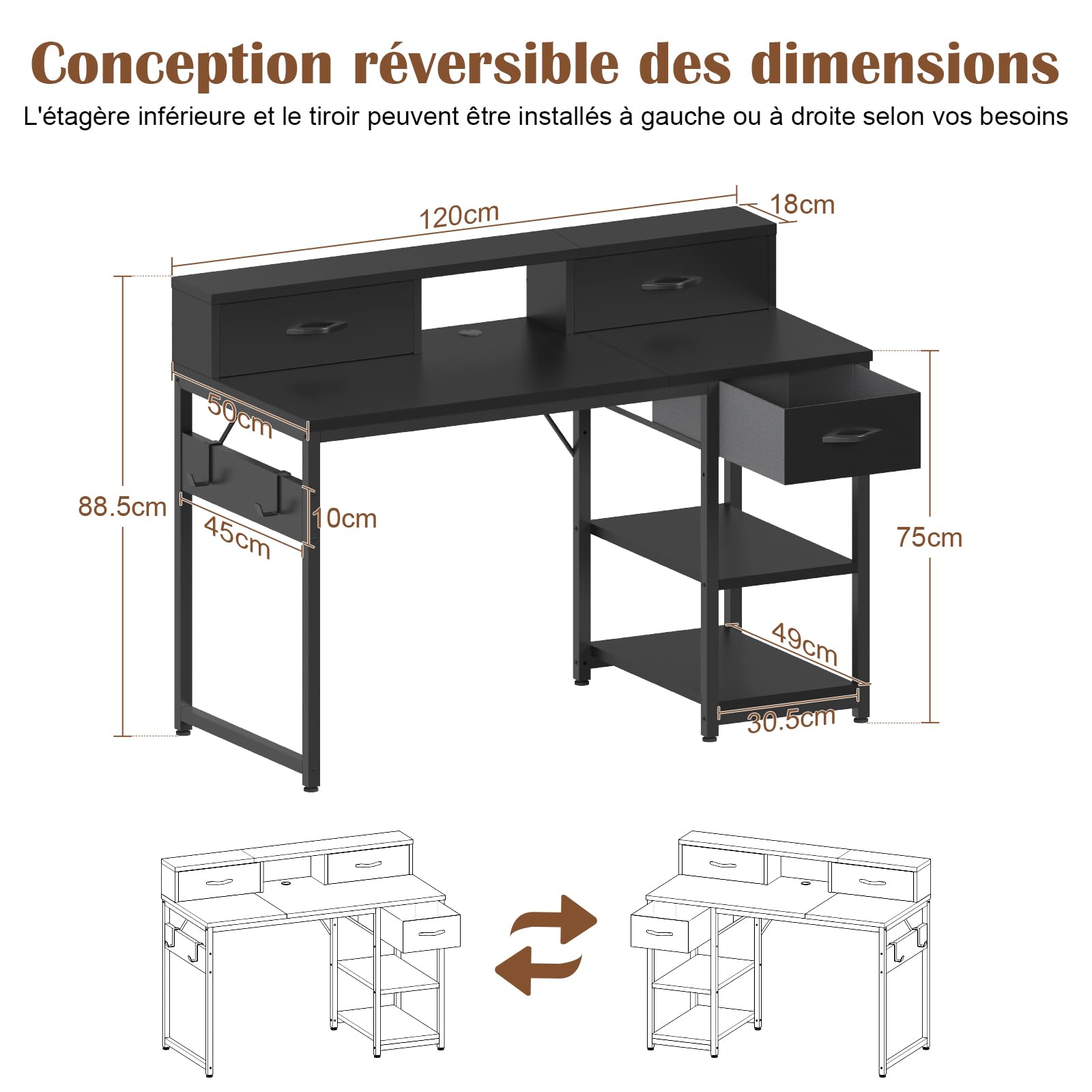 Devoko Bureau Enfant 120x50cm Table Étude avec Rangement Étagère Noir