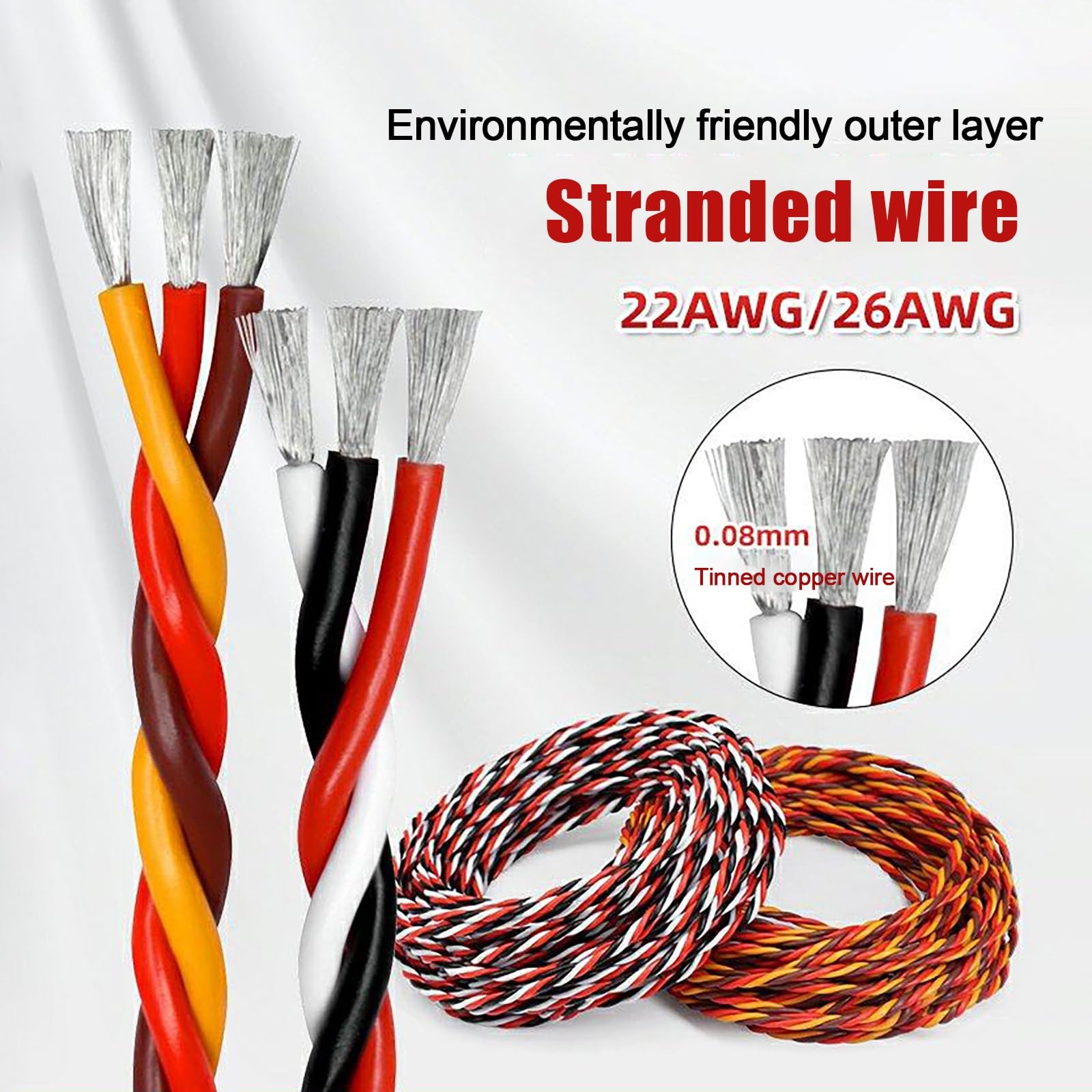RC Servo Verlängerungskabel 26AWG 22AWG Verdrilltes Signalkabel Verzinntes Kupfer Silikonisolierung Flexibel Für Modellflugzeuge Autos Boote(Black-red-white(22AWG),300FT)