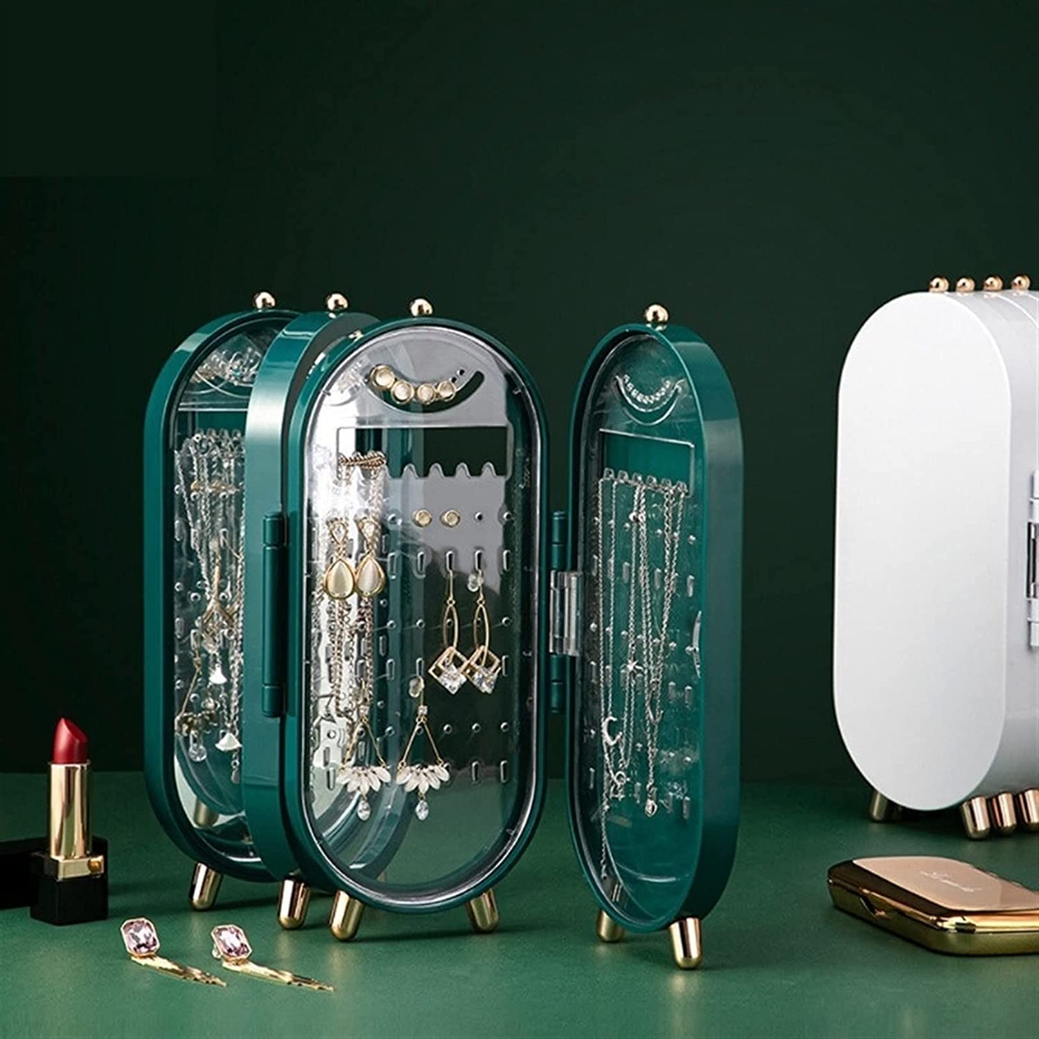 Ohrringhalter Ständer, Faltbare Schmuckschatullen für Frauen, 4 Türen Acryl Schmuck Display Rack Schmuck Reisekoffer mit Spiegel zur Aufbewahrung von Ohrringen, Halsketten, Ringen.