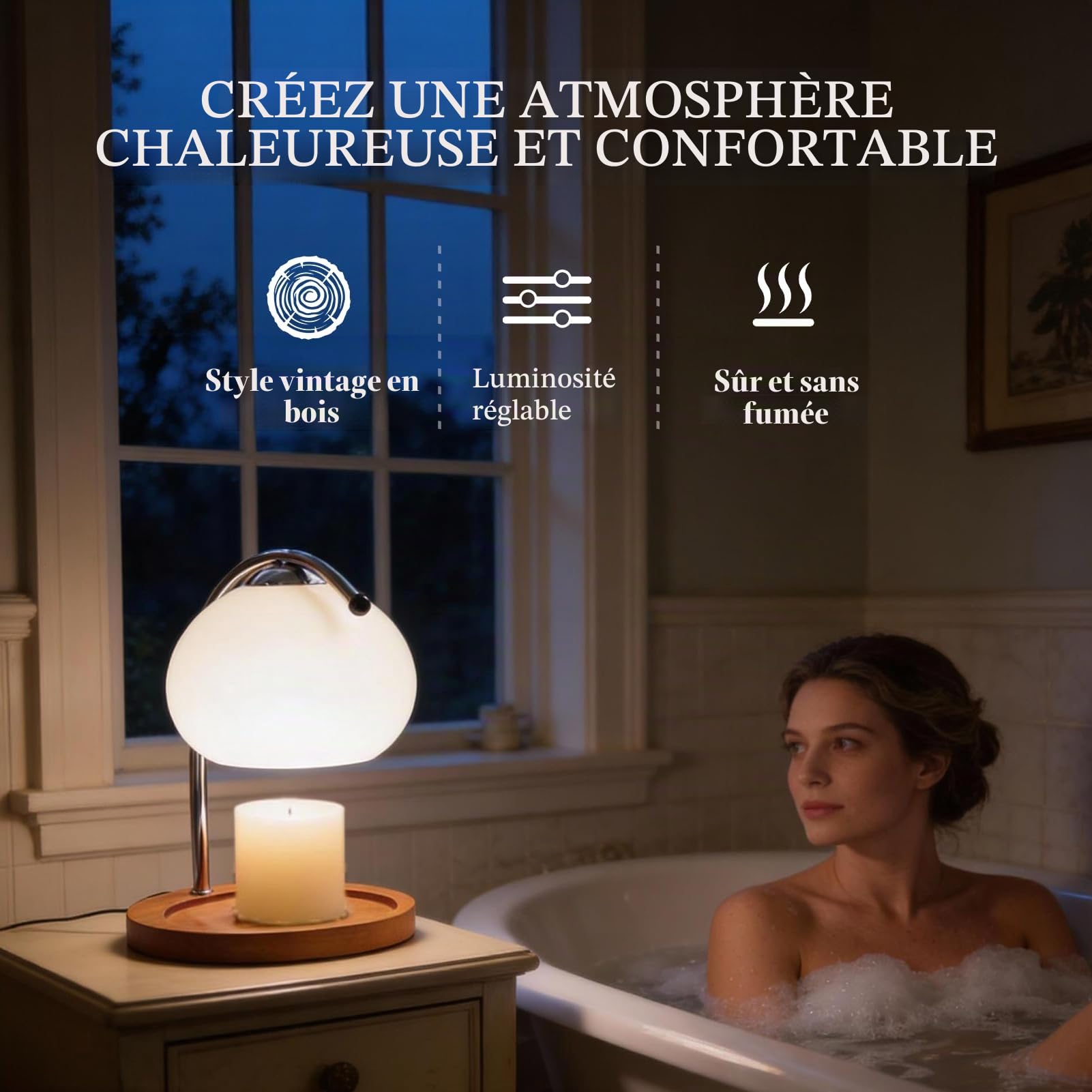 Topyond Lampe à Cire Aromatique Rétro, Plateau De Rangement En Bois, Chauffe-bougie En Verre, Lampe De Bureau, Chambre à Coucher, Lampe De Table D'ambiance, Décoration de la Maison(Beige)