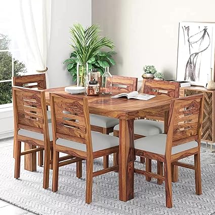Jodhpur Furniture Sheesham Wood Table 6 Seater Wooden Dining Room Furniture with Cushions and Teak Finish