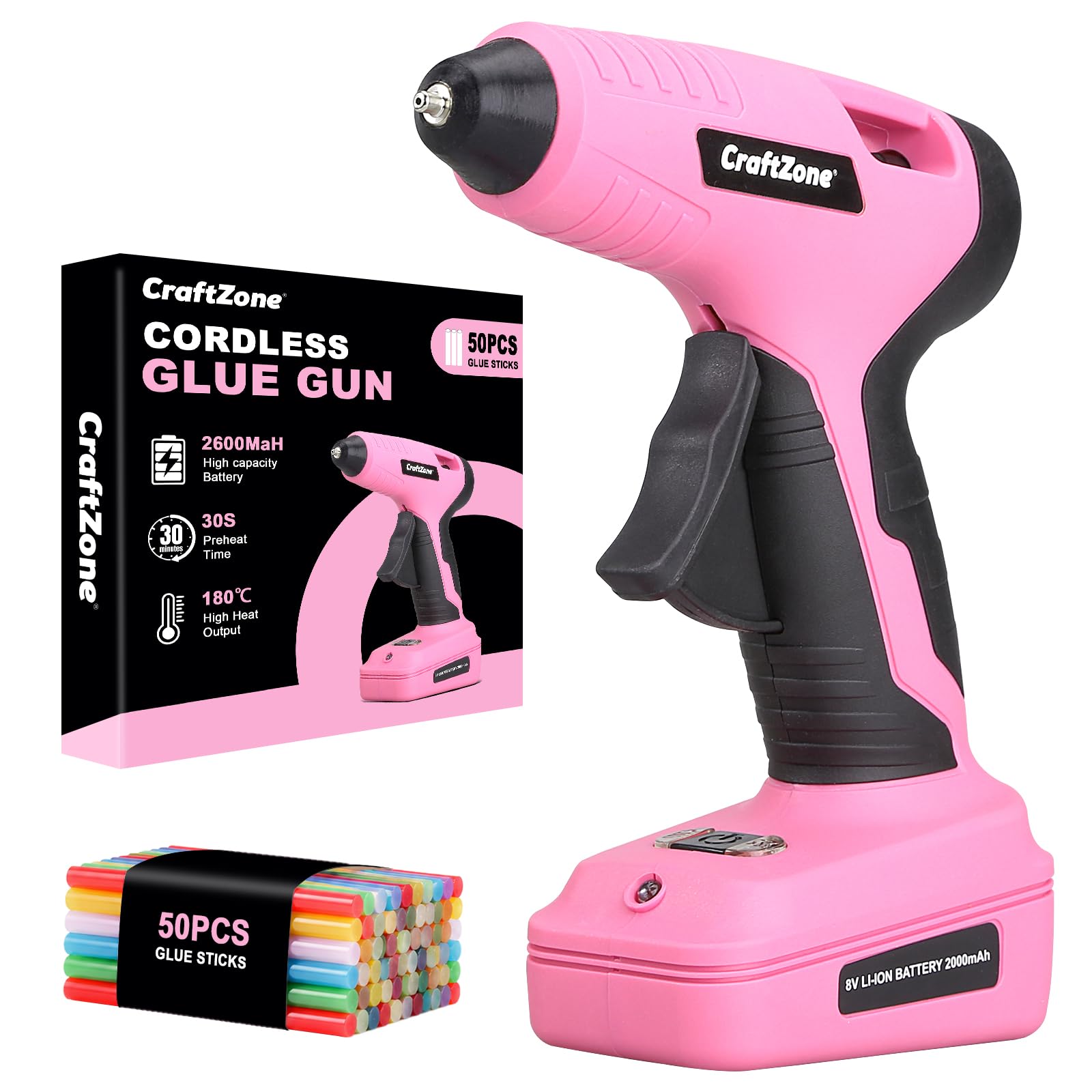 Pistola de pegamento caliente inalámbrica | Kit de pistola de pegamento de precalentamiento rápido recargable de 8 V con 50 barras de pegamento coloridas | Pistola de pegamento inalámbrica y