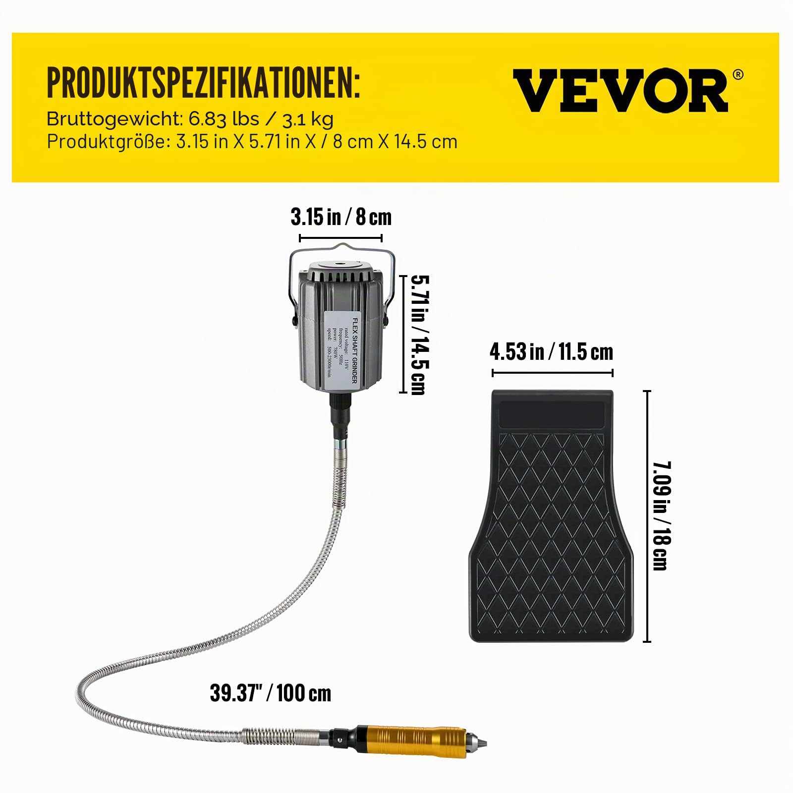 VEVOR Elektrische Drehwerkzeug Flex Shaft Wellen Aufhängung 780 W Schnellschleif Gerät biegsamer Welle, Hängemühle Wellenlänge 100cm, Fußpedal-Steuerung 500-23000U/min, Dreibackenfutt, 45 Stk. Zubehör