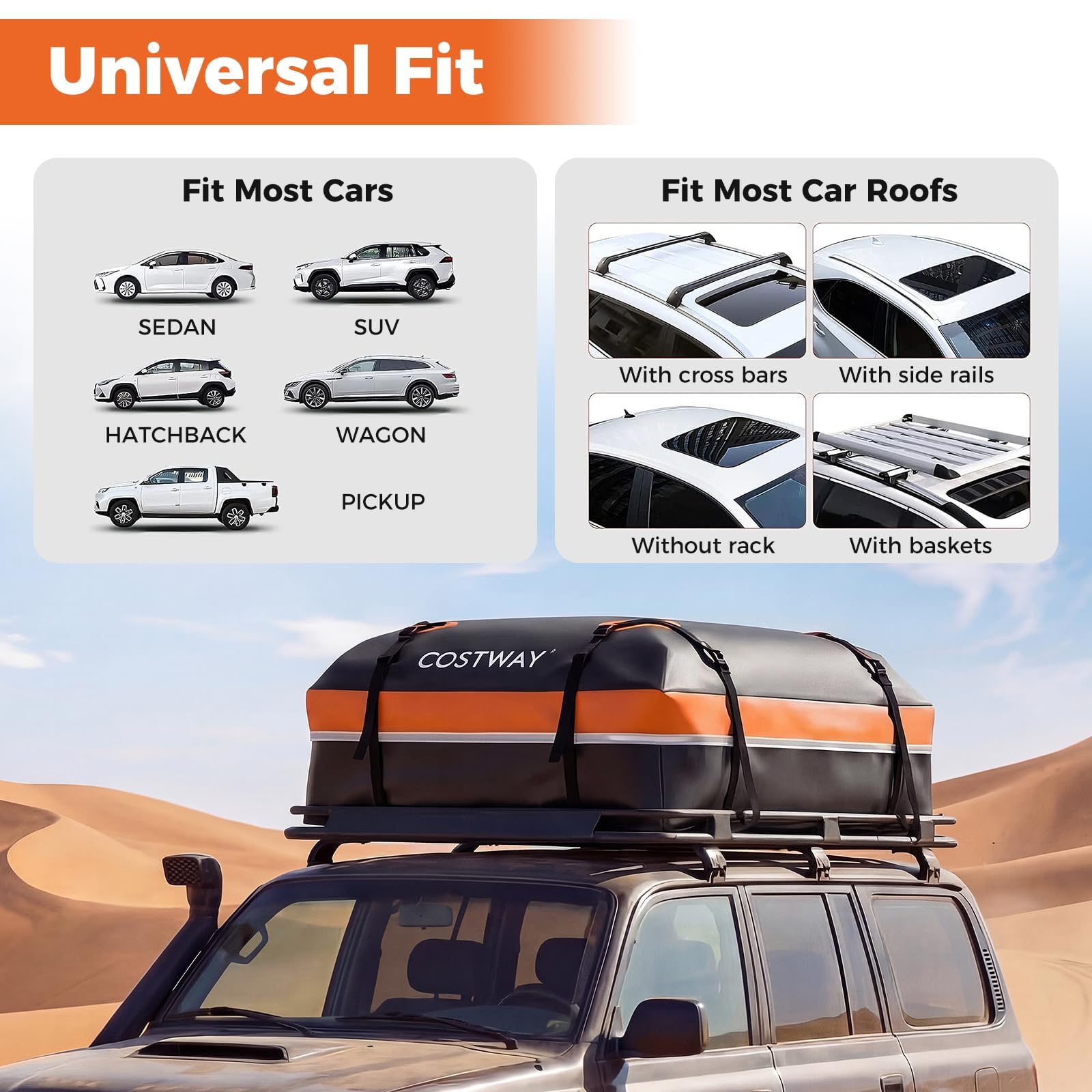 FANTASK 600 L Auto Dachbox, Dachtasche wasserdicht mit Anti-Rutsch-Matte, 6 Türhaken, Schloss & Tragetasche, XXL Gepäckträger, tragbare Gepäckbox für Autos mit/ohne Gepäckträger (Orange)