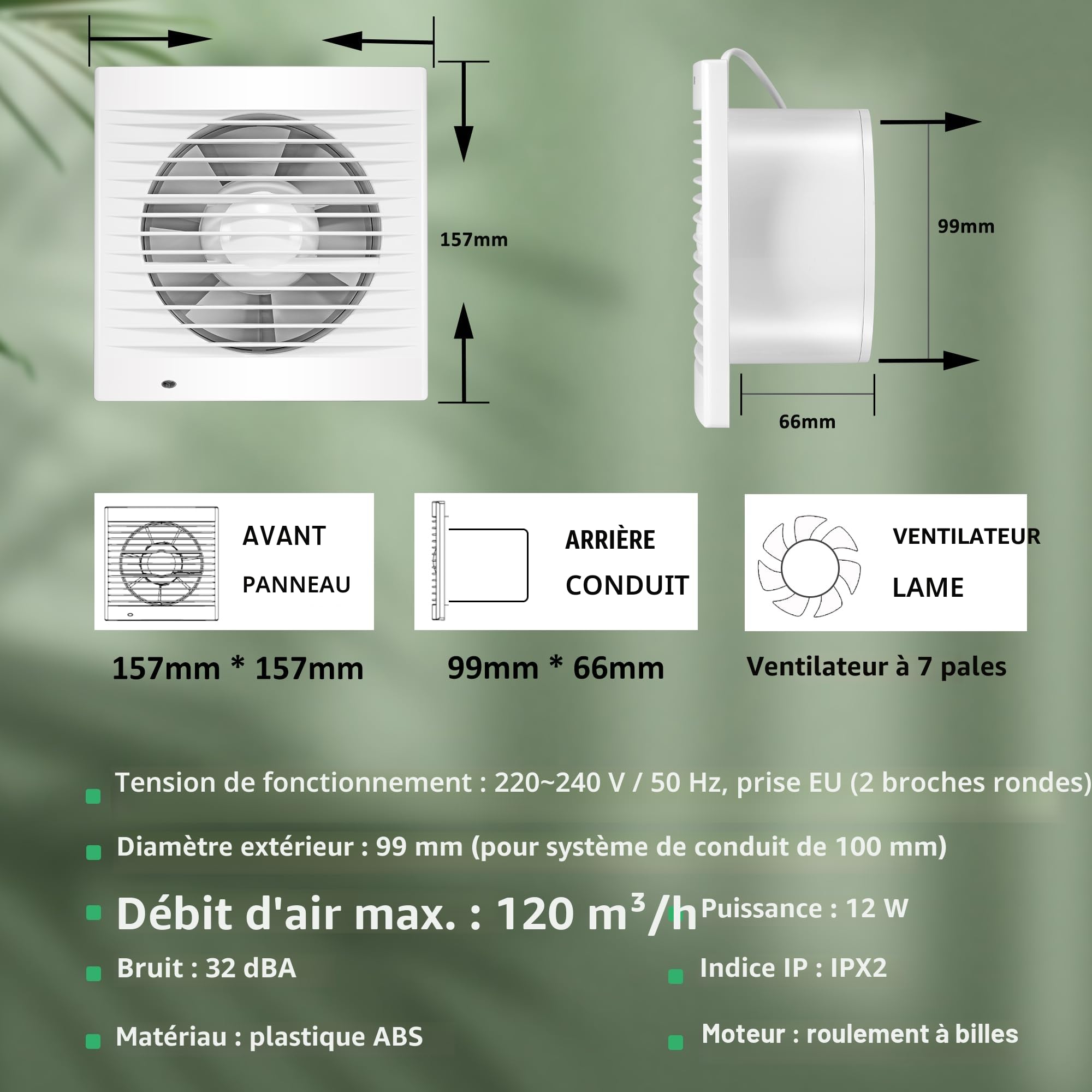 100mm VMC Salle de Bain, VMC Simple Flux, 120m³/h Extracteur Avec Clapet Anti Retour, 1m UE Prise pour Salle de Bain,Cuisine,Bureau,WC