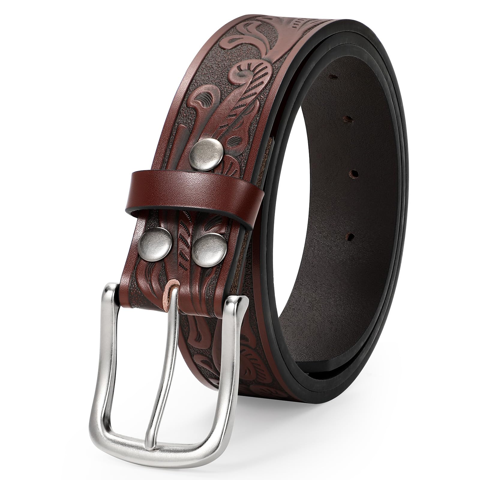 UpFind Men Western Leather Belt Pin Buckle Floral Engraved Cowboy Belt for Jeans Pant