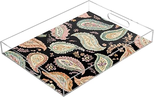 JIPONI Vintage Paisley Plastic Serving Trays, Decorative Serving Tray with Handles, Acrylic Storage Tray for Coffee Table, Bedroom, Bathroom,
