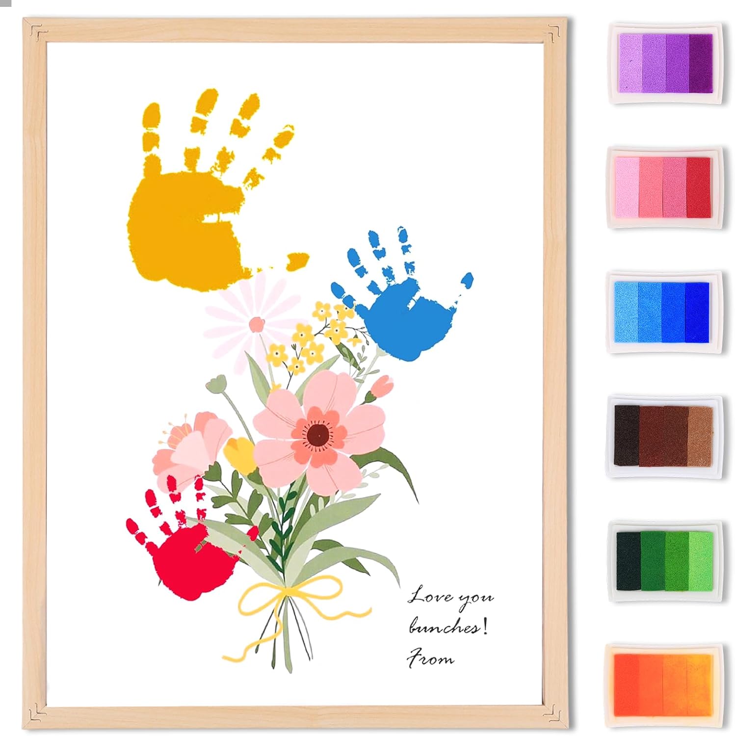 Flower Bouquet Handprint Art Craft DIY Kit, Unique Gifts for Mom & Grandma From Daughter or Son for Mother's Day Birthday, Anniversary Day, 6 Colors Non-toxic Inkpads(12" X 16", With Wood Frame)