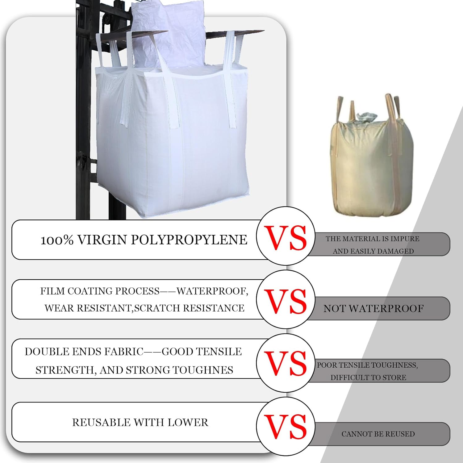 10Pack Aolikebao FIBC Bulk Bag,1.5 Ton Bag, 35.4"L x 35.4"W x 43.3"H,3300lbs SWL Safty Factor 3:1,Woven Polypropylene Bags,Top Circular Feed Inlet Flat Bottom (10) - Image 7