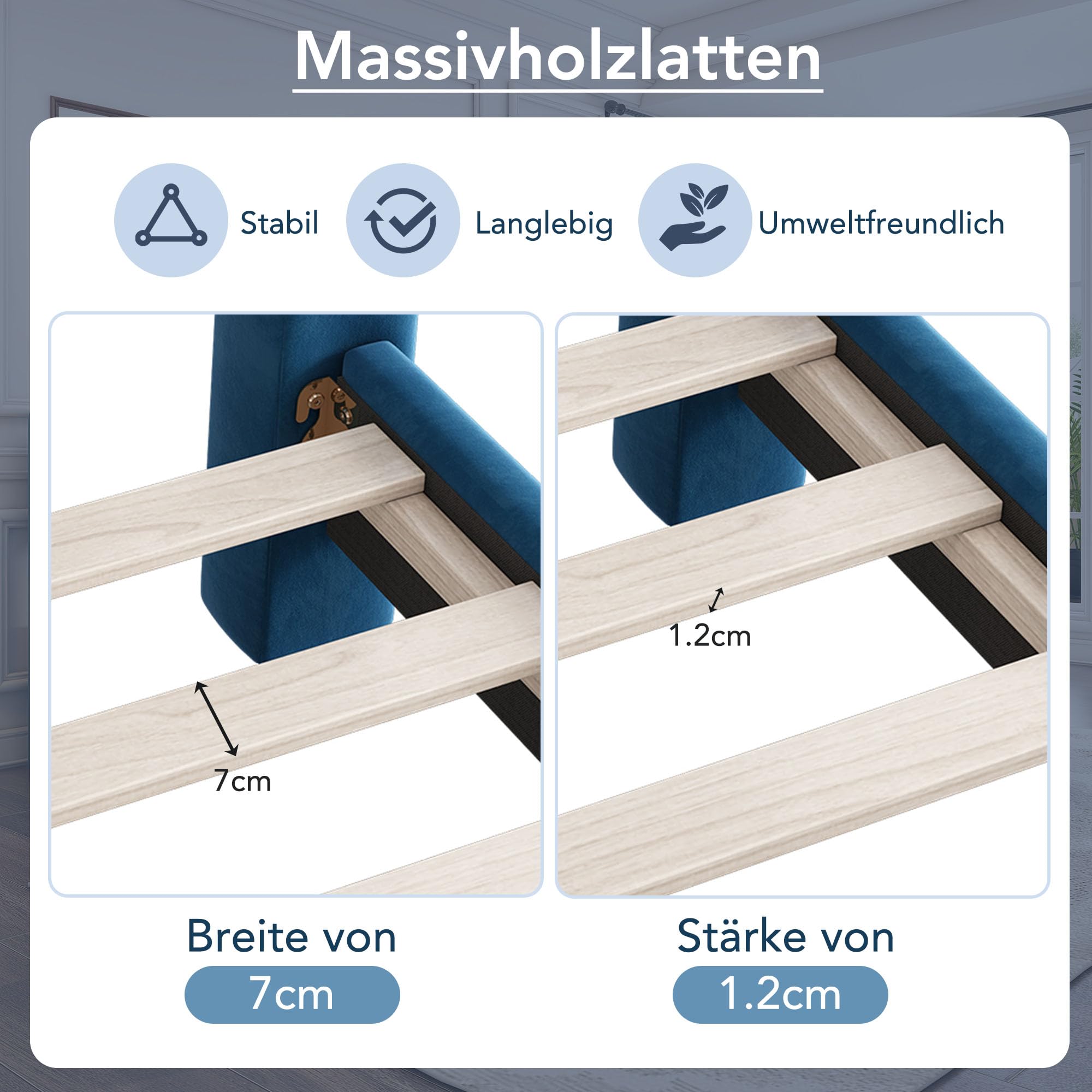 Letto imbottito 140 x 200 cm, con rete a doghe e testiera, elegante testiera a ventaglio, gambe di supporto cilindrice, blu