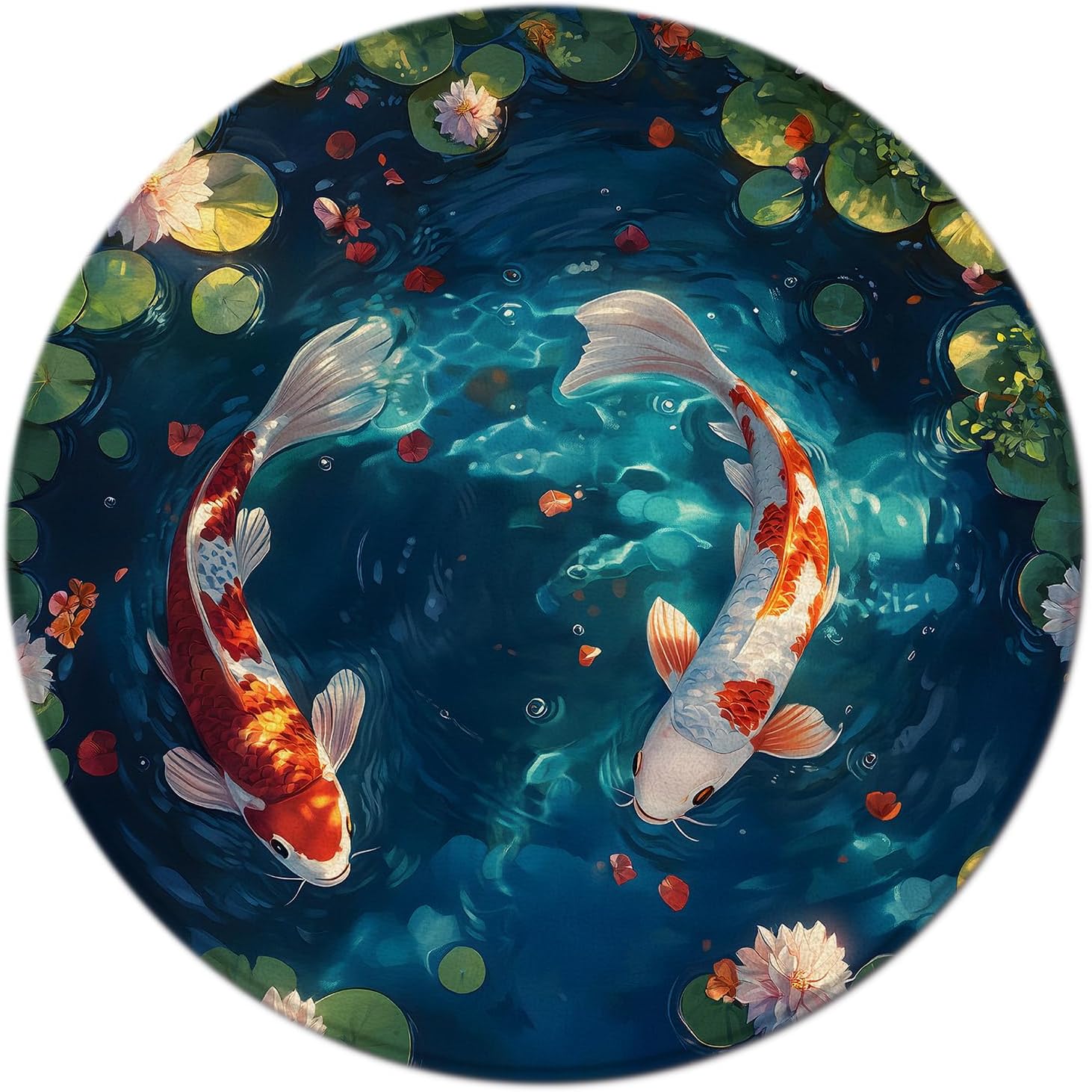 Koi Fish Round Area Rugs Japanese Lotu Pond Carp Asian Pink Floral Green Leaves Nature Oriental Aesthetic for Bedroom,Kitchen,Kids Room,Bathroom,Backyard,Patio,Porch