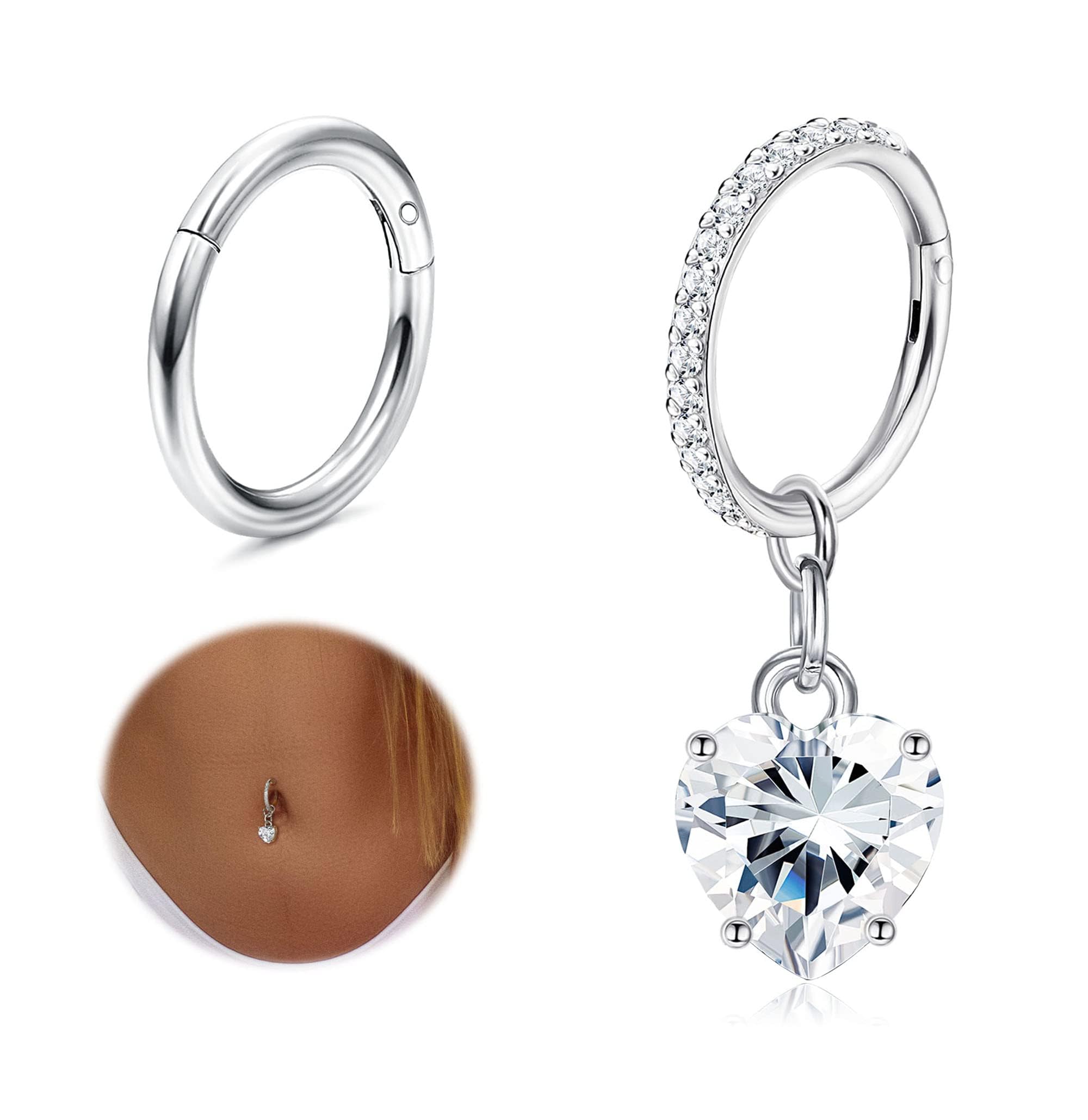 BESTEEL2Pcs Belly Button Rings for Women Surgical Stainless Steel Clicker Belly Rings Hoop CZ Heart Butterfly Dangle Navel Rings Belly Piercing Jewelry Silver Tone 14G