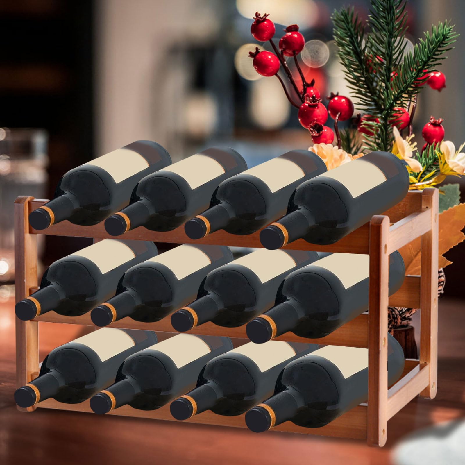 Porte-bouteilles De Vin En Bois Massif Pour Comptoir De Salon - Ensemble De 4 Pièces Couleur De Noyer L 43 X L 24 X H 15 Cm