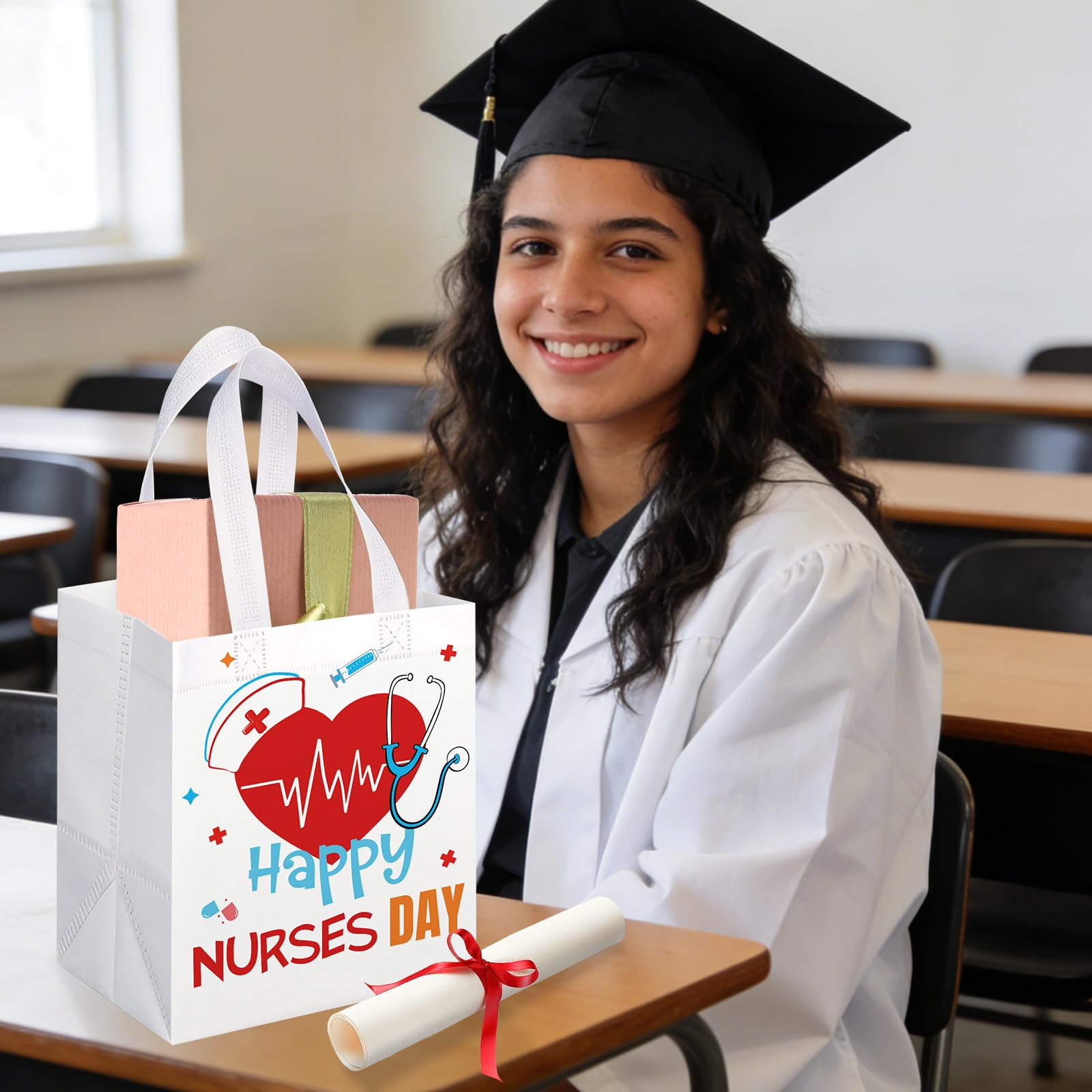 KOPOOEOE 24 Pcs Nurse Week Gifts Bags Bulk Nurse Appreciation Gift Bag with Handles Reusable Thank You Treat Bag for Rn Cna Crna Non Woven Treat Tote Bags for Medical Assistant Party Favor
