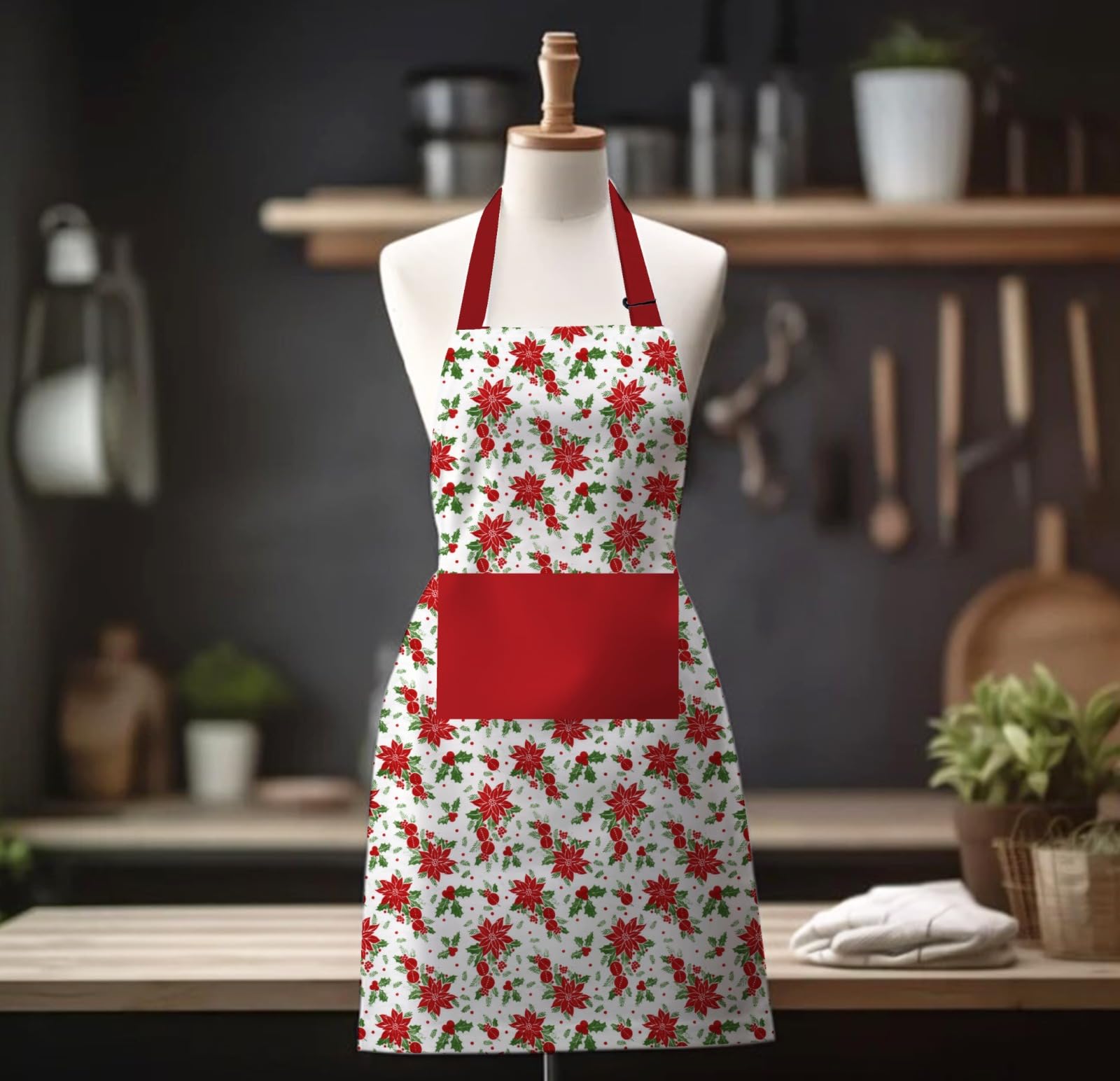 Christmas Cotton Apron for Kitchen, Floral Printed Design with Front Center Two Pockets and Adjustable Neck Strap and Long Two Ties, Apron for Men and Women for Home & Restaurant, Pack of 1