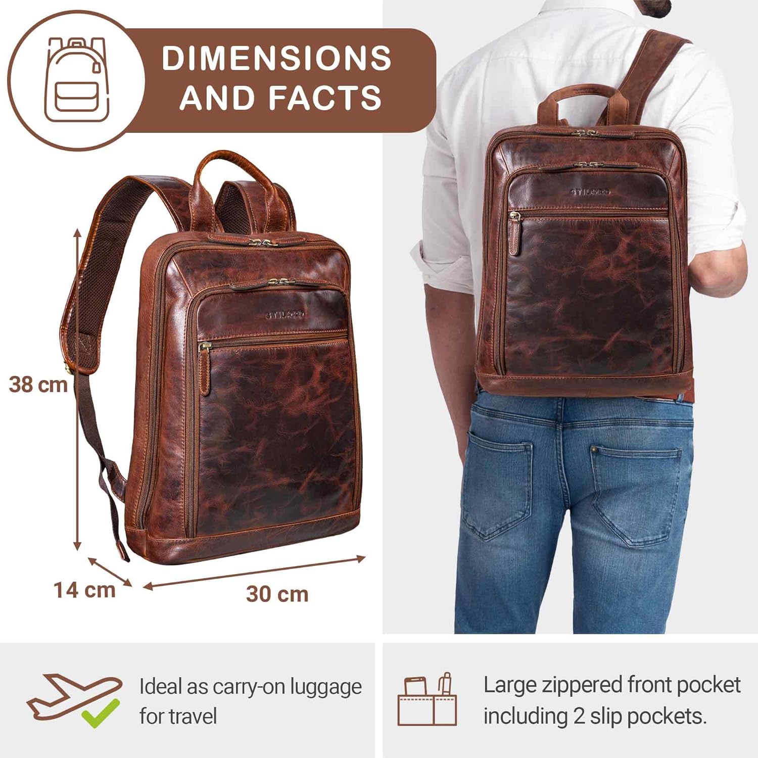 STILORD 'Watson' Laptop Backpack 15.6 inch Leather Daypack Large Vintage Rucksack Bag Business Backpack Office Bags XL in Genuine Leather, Colour:Florida - Brown - Image 4