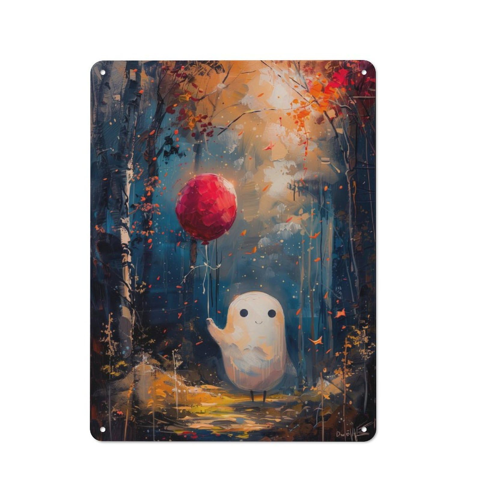 Vintage Tin Sign 40x30cm with Ghost with Ballon Forest for Living Room Or Hallway, for Metal Sign Collectors, for Vintage Wall Decor Fans