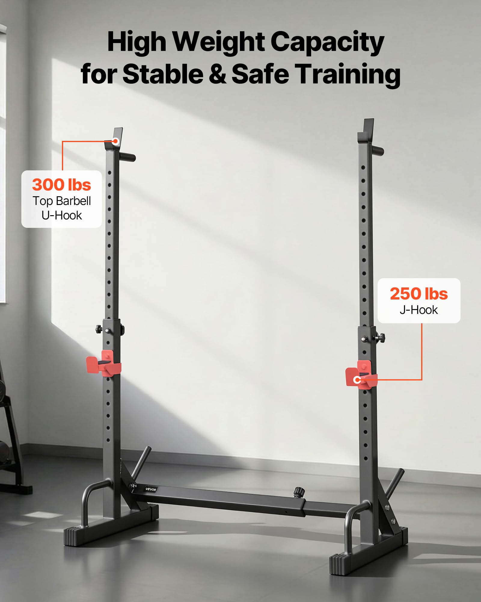 VEVOR Stazione di Forza Sportiva con Altezza e Larghezza Regolabili, Attrezzatura per Allenamento della Forza da 250 kg con Supporti per Bilanciere e Ganci a J per Distensioni su Panca
