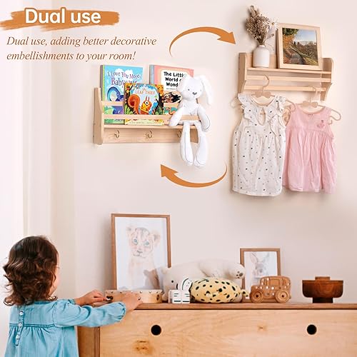 Miniatura 7 de MOFASVIGI Nursery Book Shelves, Set of 2 Floating Bookshelves for Kids Room, 16in Natural Wood Book Shelf Wall Mounted for Baby Teen Boys Girls