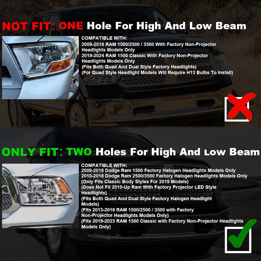 G-PLUS LED DRL Headlights, Compatible with 09-12 Dodge Ram 1500 2500 3500 (Not Fit Dual Beam,Not Fit One Hole,Only for Quad Models) Clear lens Black Housing Clear Reflector