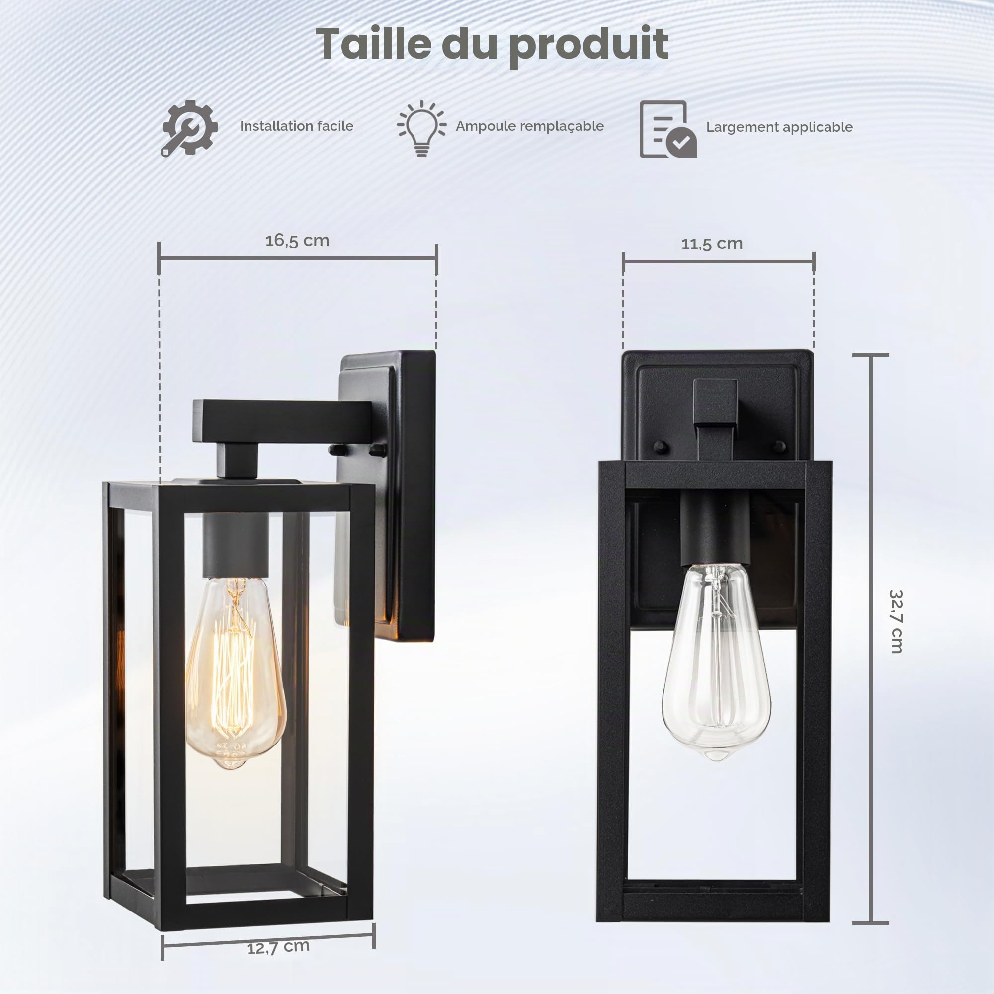 FTL Applique Murale Exterieur, Noir Mat Luminaire Lanterne Exterieur avec Abat Jour en Verre Transparen, Max 60W Porche Lampe Exterieur Murale E27, IP44 Étanche Éclairage Mural d'Extérieur, 2 Stück
