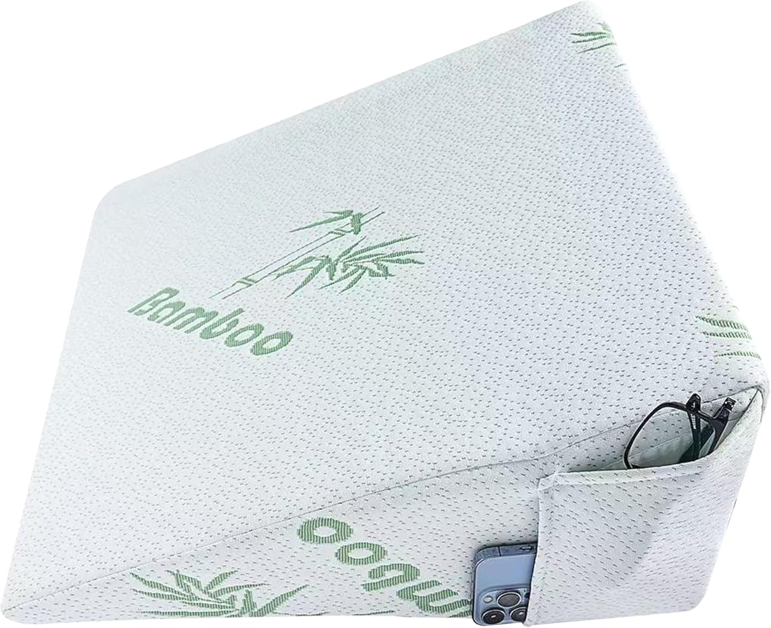 Mantraraj White Green Premium Bamboo Bed Wedge Pillow Deeper Sleep For Bed Adult Memory Foam Acid Reflux Pillow - Antibacterial, Breathable Contouring Support Stay Cool With Left Side Pockets