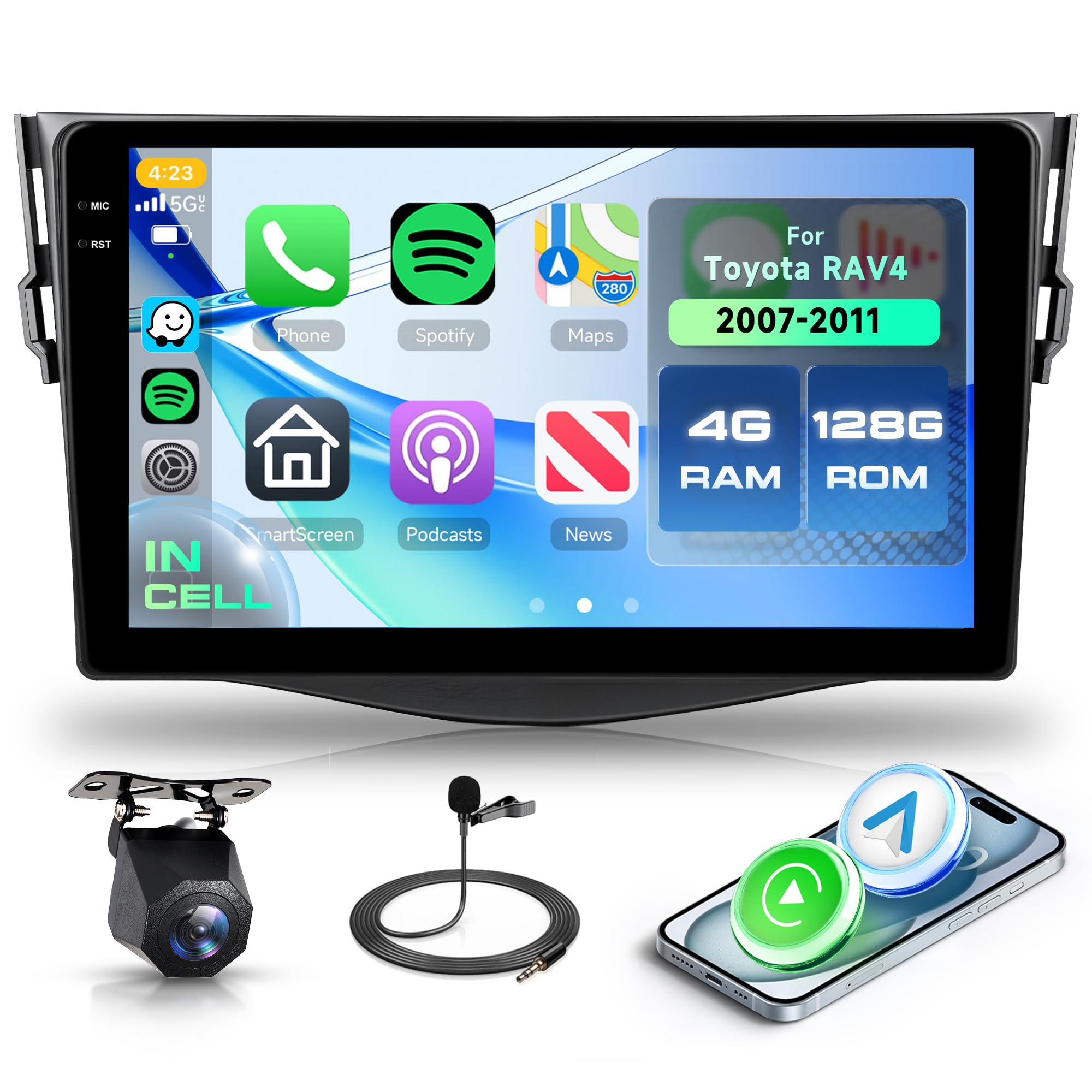 4G+128G Android Radio de Coche para Toyota RAV4 2007-2012 9 Pulgadas Pantalla IN-CELL Radio Wireless Carplay con Android Auto Navegación GPS Mirror Link Bluetooth WiFi/FM/RDS/EQ/SWC/USB Cámara Trasera