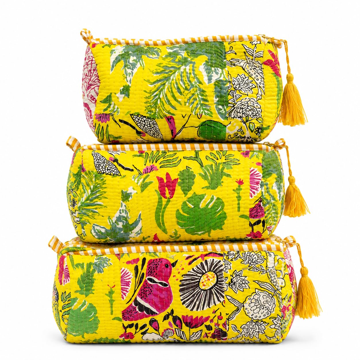 Set of 3 Quilted Cotton Pouches | Travel Cosmetic Organizer Bags | Printed Zip Storage Pouch for Makeup, Toiletries, Accessories (Yellow)-picture-26