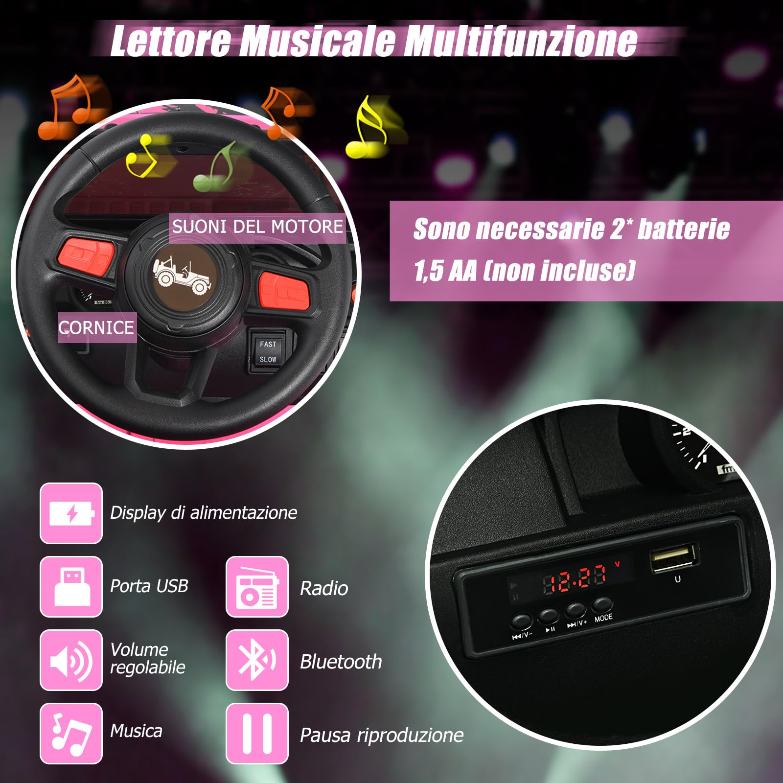 GYMAX Auto Elettrica a 2 Posti per Bambini 3+ Anni, Veicolo a 2 Modalità da 12 V con Telecomando e Velocità Regolabile, Clacson e Luce e Musica, 114 x 78 x 67 cm (Rosa)