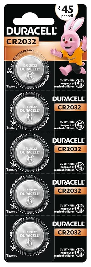 Duracell CR2032 Lithium Coin Battery, Pack of 5, Specialty Devices, Child Resistant Packaging, Electronic car Keys, Scale