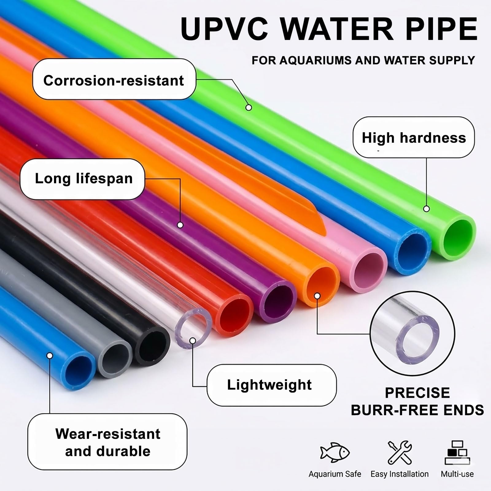 Pack de 5 Tubos UPVC 50mm x 2,4mm Grosor, Tubería de Plástico de Colores Translúcida (Opaca) para Acuario & Estanque, Longitud 0,2m/0,5m/1m/1,5m, Alta Resistencia,Orange 1.5m