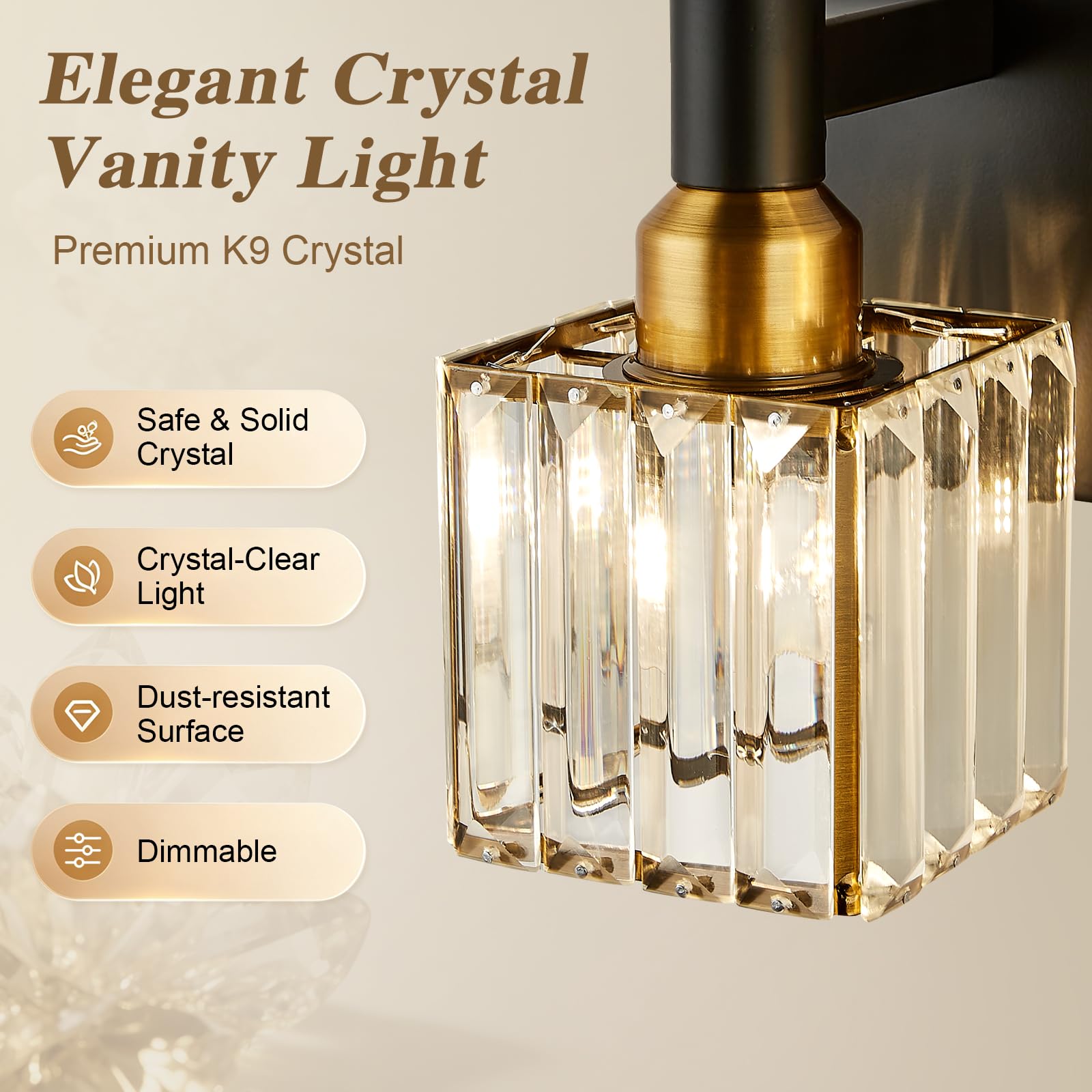 HUOKU Modern Crystal Bathroom Vanity Light 3-Light Brass Wall