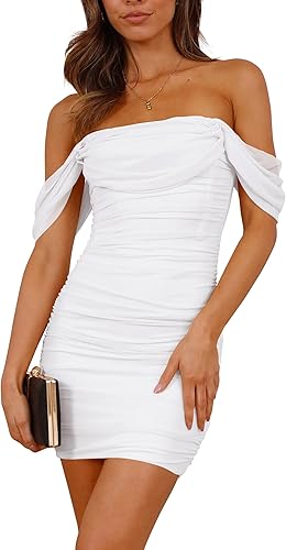 PRETTYGARDEN Cocktail Dresses 2025 Summer Off Shoulder Sexy Bodycon Ruched Mesh Graduation Wedding Guest Mini Short Dress