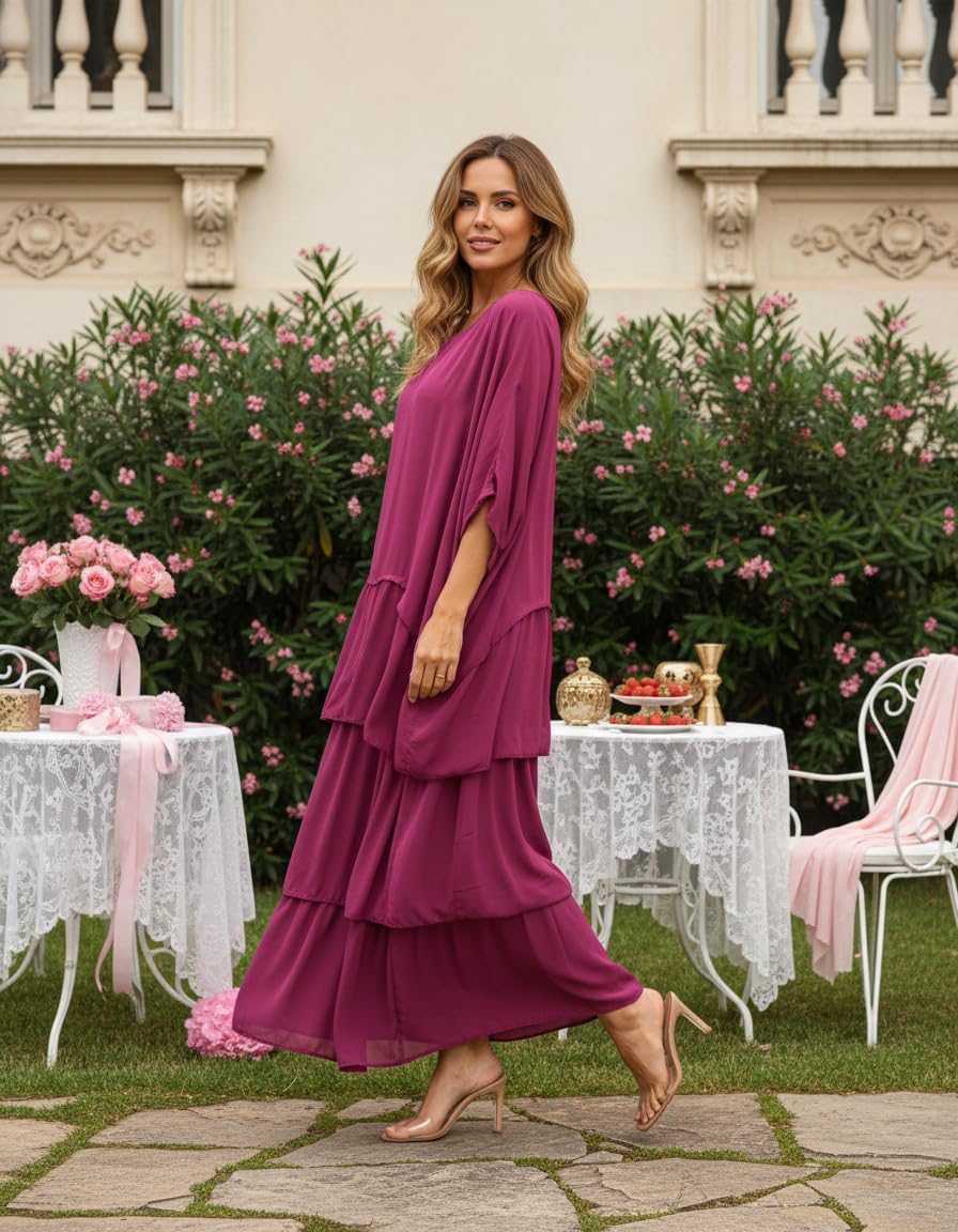 OSCORP Women's Batwing Sleeve Maxi Dress Loose Casual Tiered Ruffle Boho Dress Elegant Flowy Long Gown - Image 5