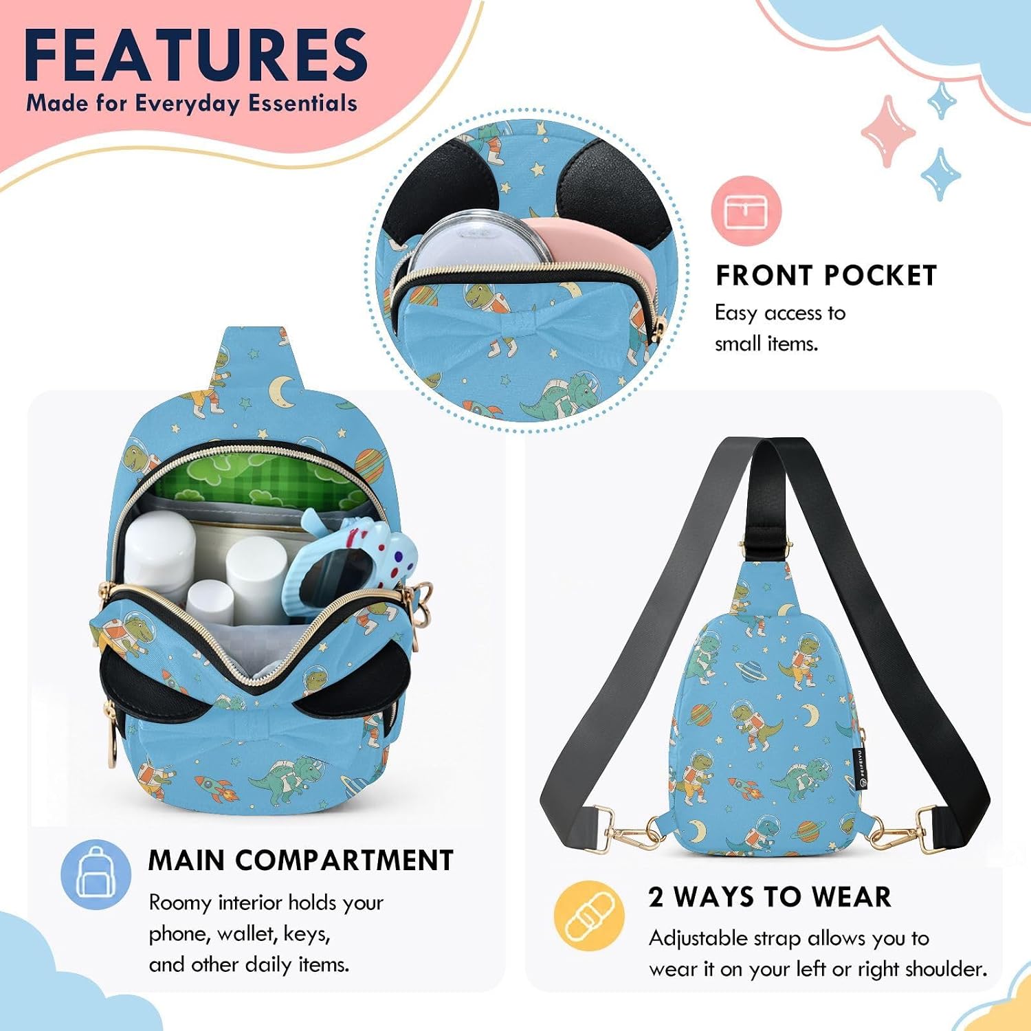 Sinestour Dinosaur Kids Crossbody Bags for Girls, 5.7x7.5x3.1In | Crossbody Fanny Pack, Toddler Purse, Cute Sling Belt Bag with Ears, 2L Small Shoulder Chest Bag for Travel