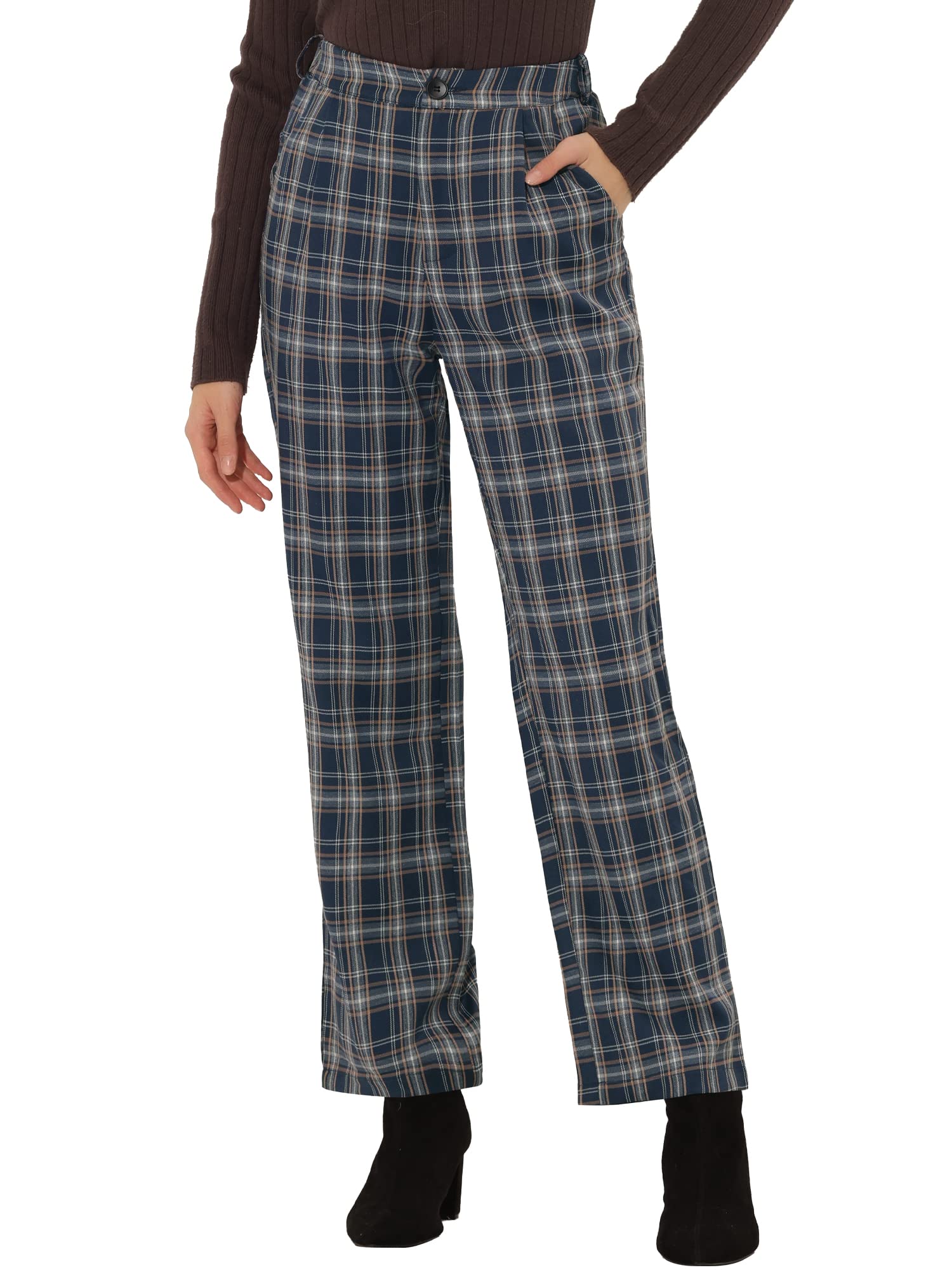 Allegra K Women's Plaid Pants Elastic Waist Casual Work Office Long Trousers