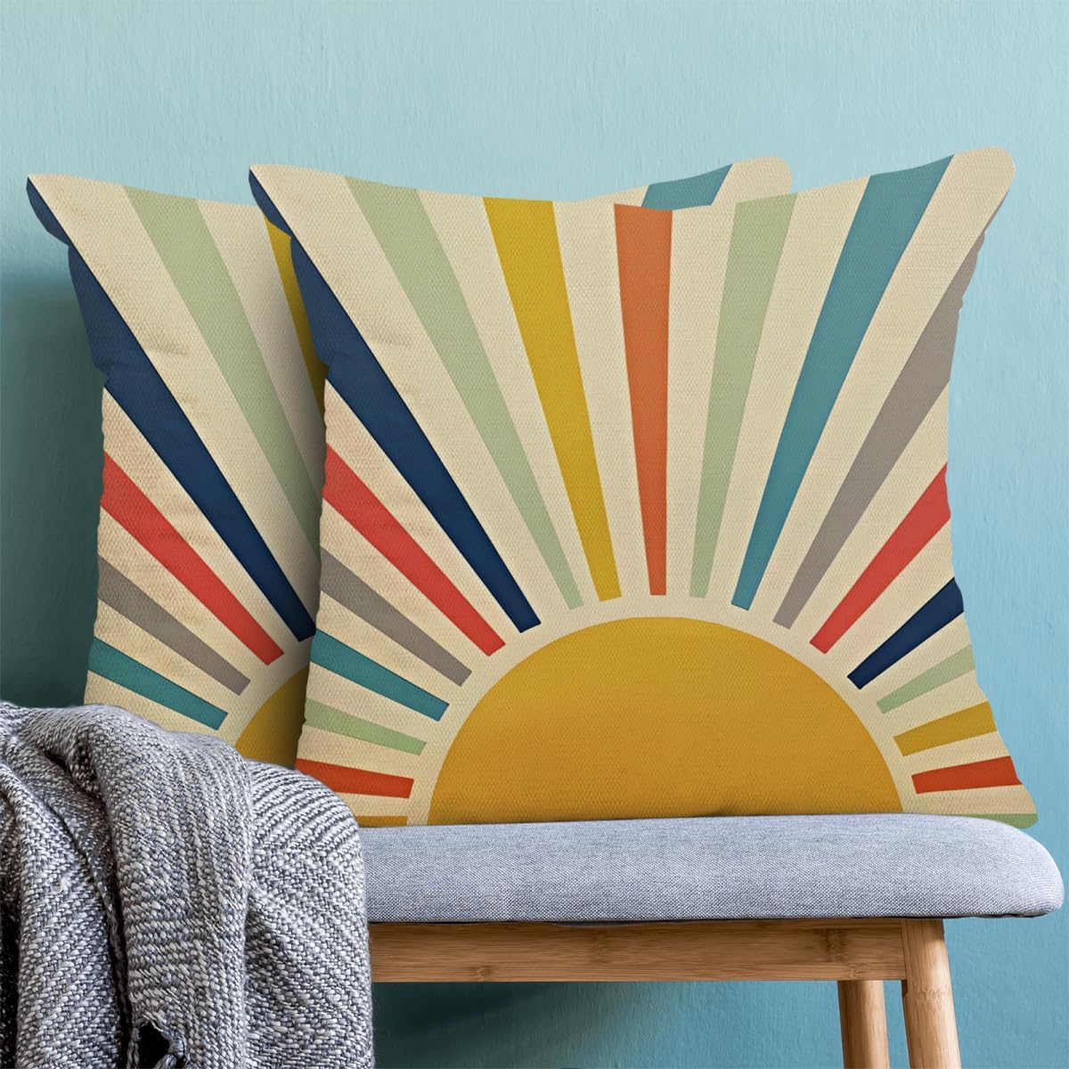 Summer Pillow Covers 16 x 16 Inch Set of 2 Rainbow Sun Throw Pillows Outdoor Decorative Boho Colorful Stripes Sunshine Yellow Sunrise Pillowcases Linen Cushion Cases for Bed Sofa Couch image 2
