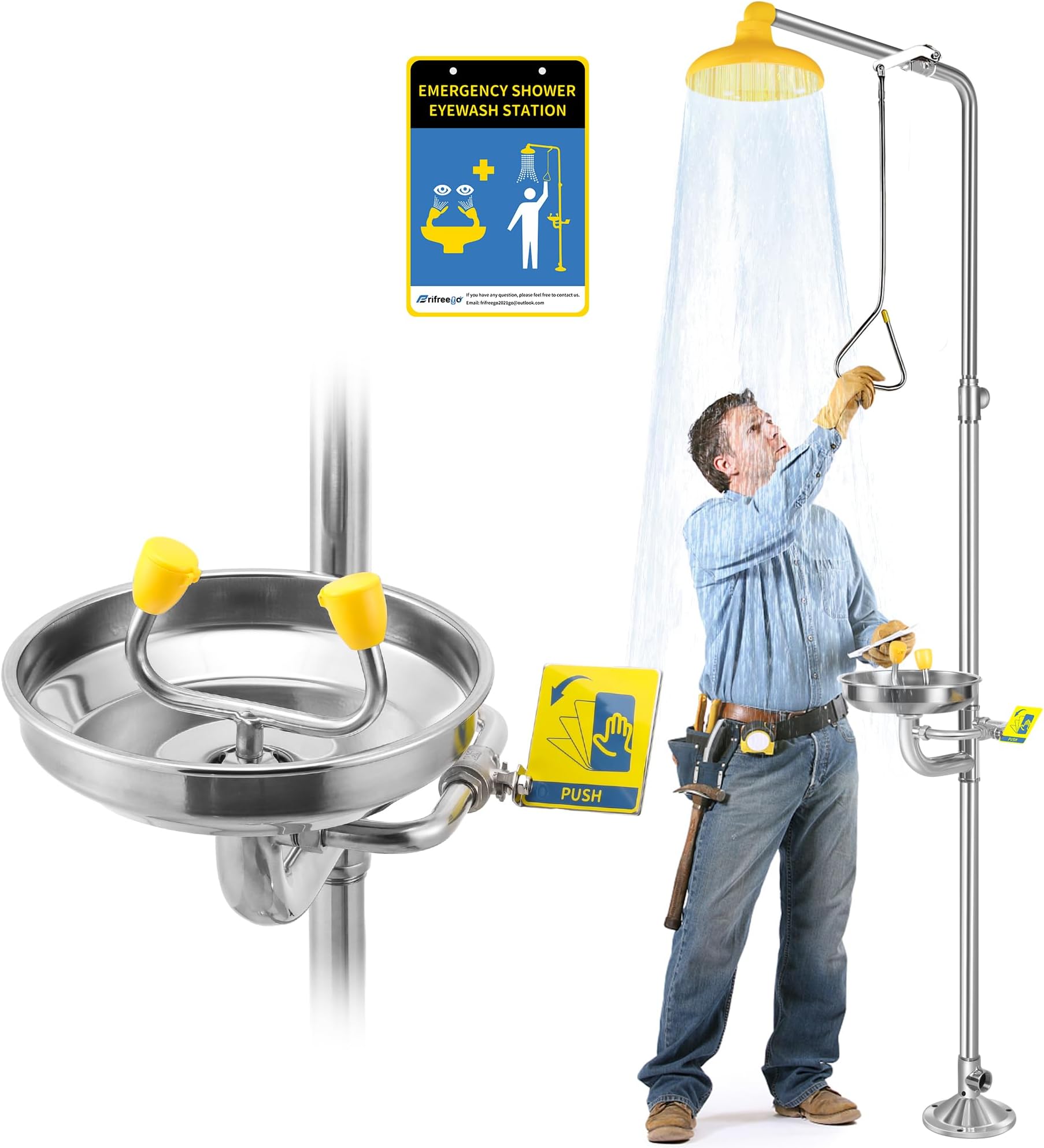 Eye Wash Station and Emergency Shower Eyewash Station with Shower OSHA Approved Plumbing Combination Eye Wash Station for Industrial&Lab Use, Stainless Steel, NPT threads