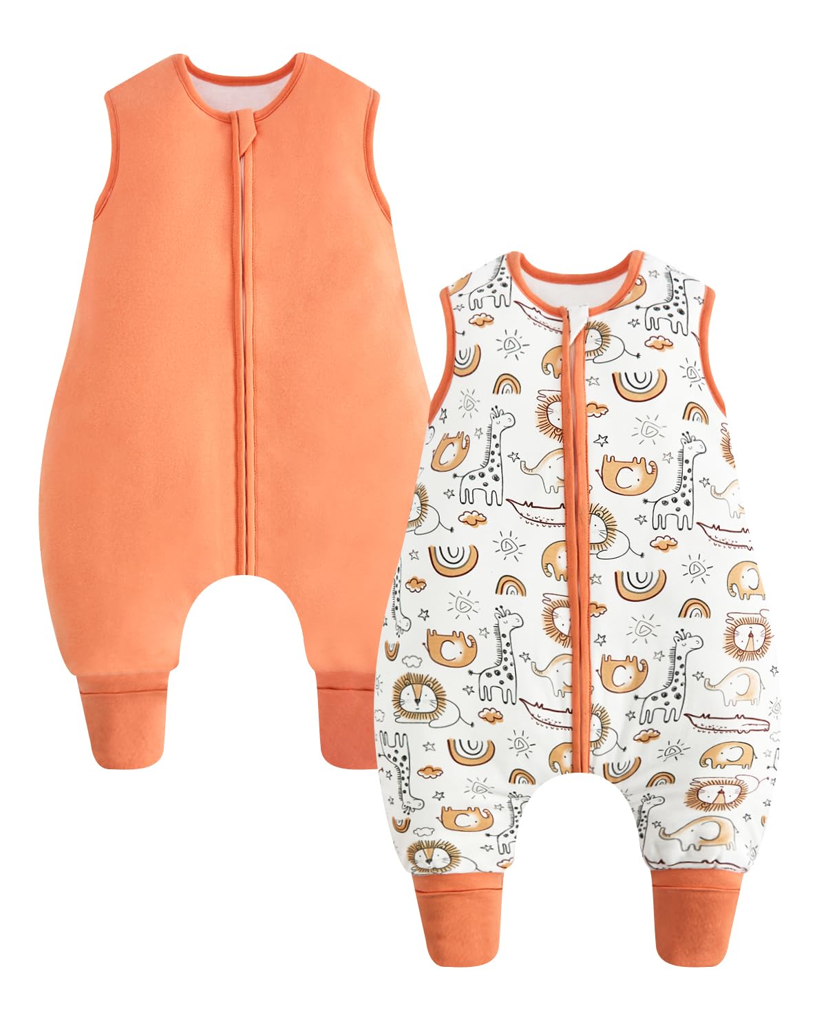 WYTbaby Schlafsack mit Füßen 1.5 Tog 2er Pack Baby Schlafsack 100% Baumwolle Ärmellose Ganzjahres Schlafsack mit Beinen für Jungen Und Mädchen,Löwe + Orange 100CM