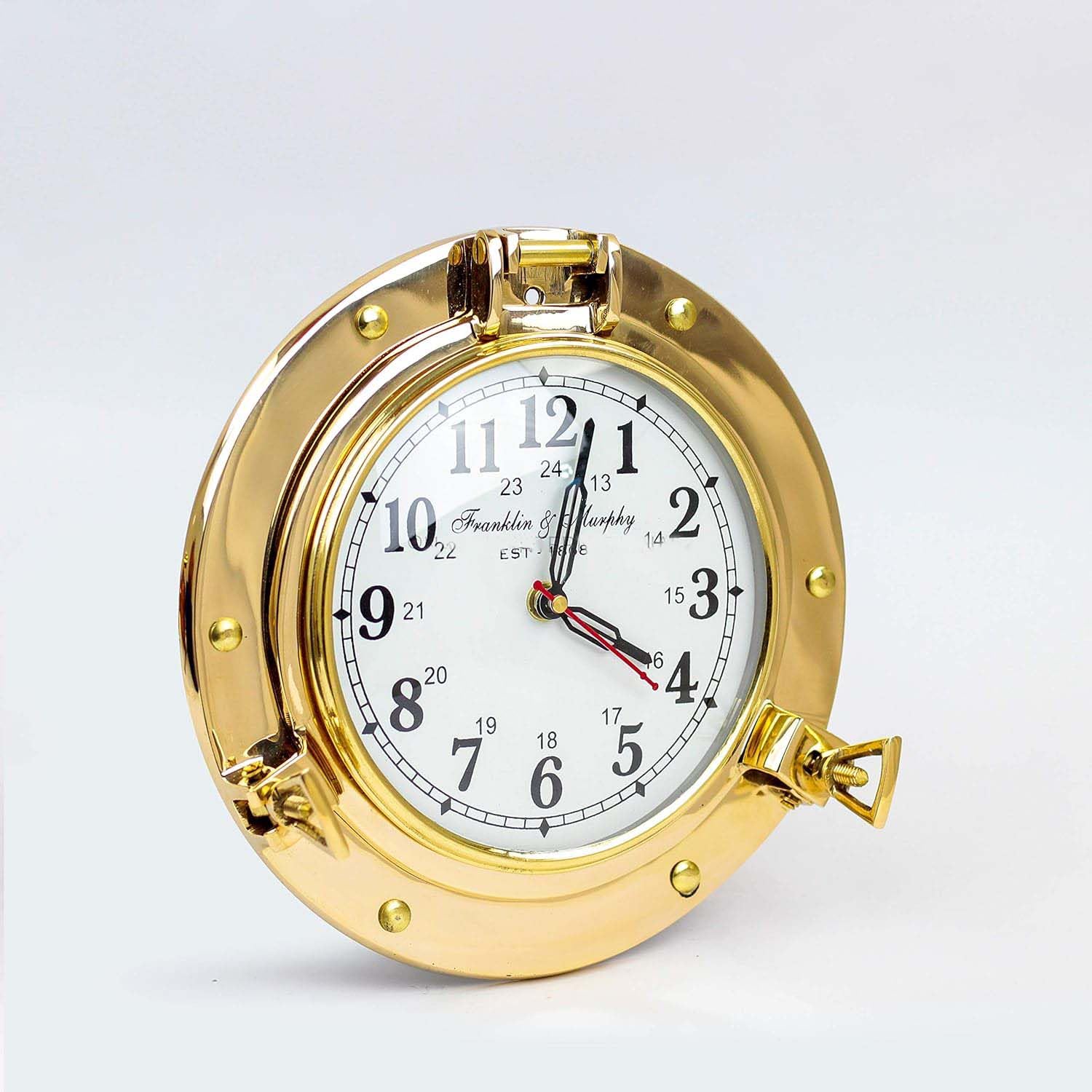 Orologio da parete decorativo in ottone anticato da 22,9 cm, con oblò a forma di nave, regalo nautico, decorazione da parete (ottone lucido)